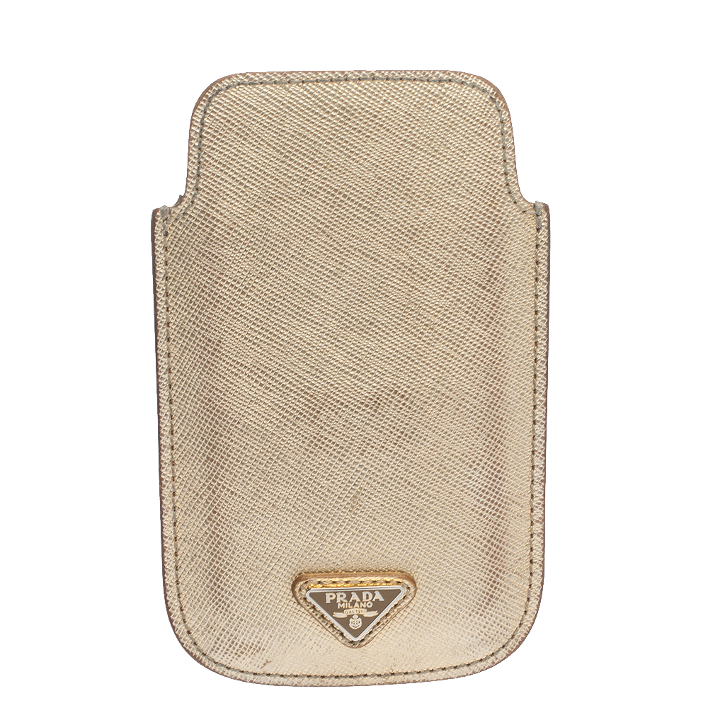 Prada Gold Saffiano Lux Leather iPhone Case female Gold Tone Metal