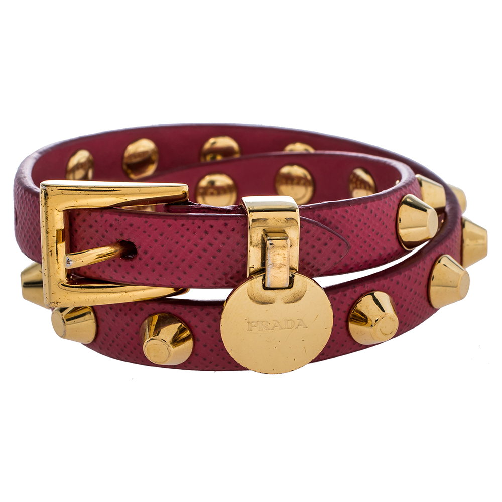 Prada Peonia Saffiano Leather Studded Gold Tone Double Wrap Bracelet M