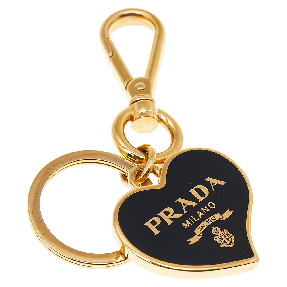 Prada Gold Tone Black Lacquer Logo Heart Bag Charm/Key Chain