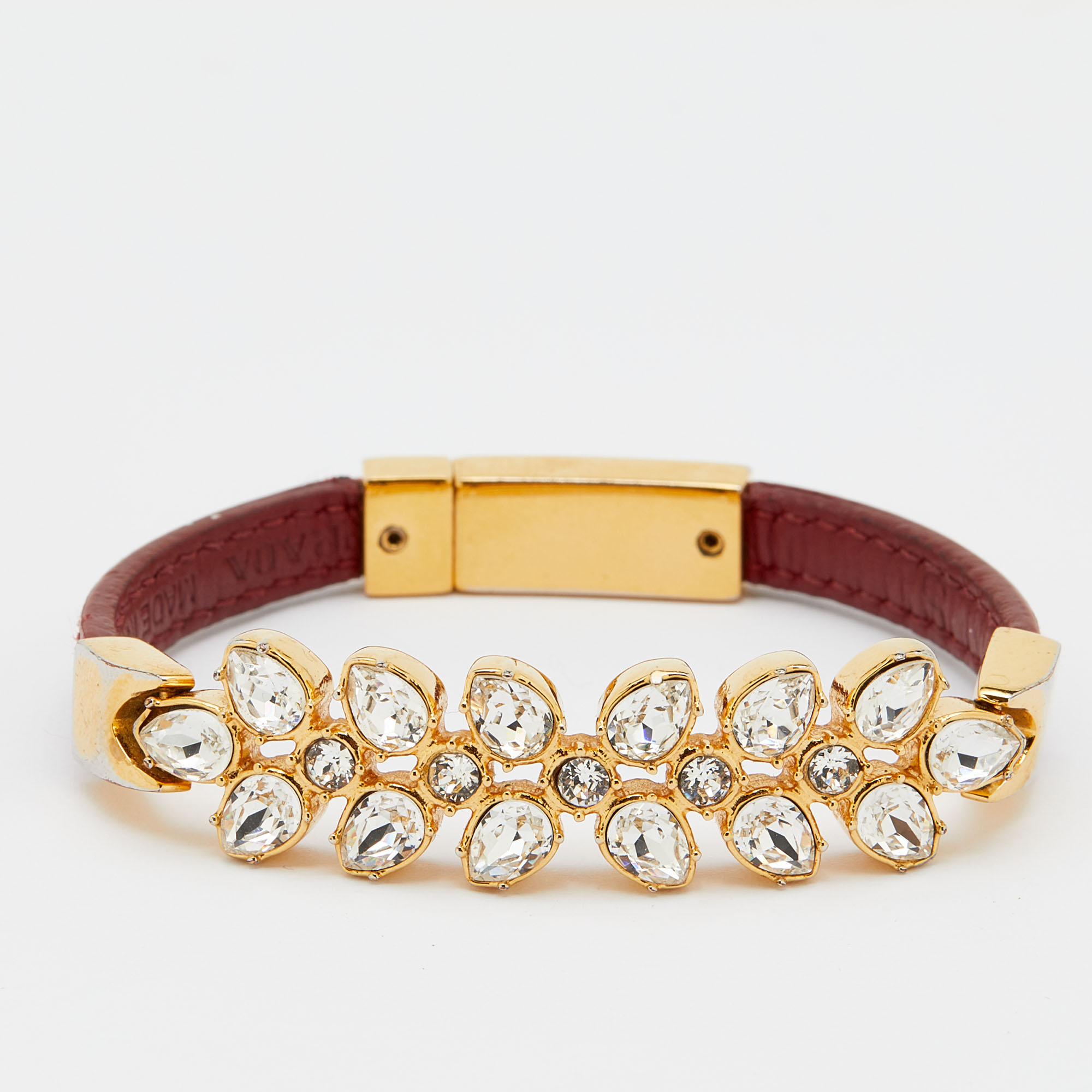 Prada Chic Crystals Red Leather Gold Tone Bracelet S