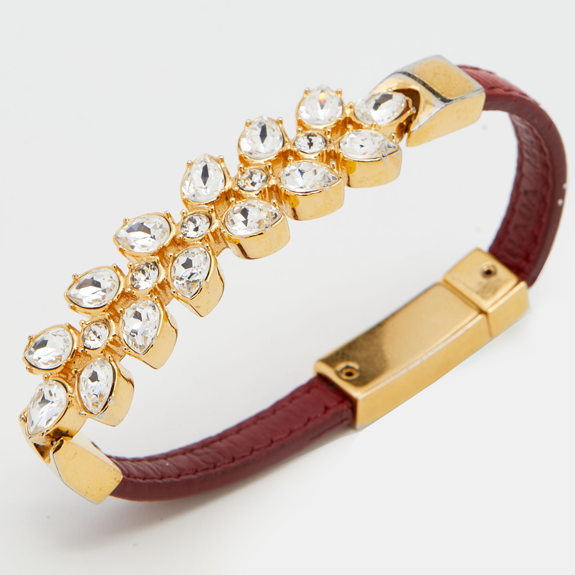 Prada Chic Crystals Red Leather Gold Tone Bracelet S