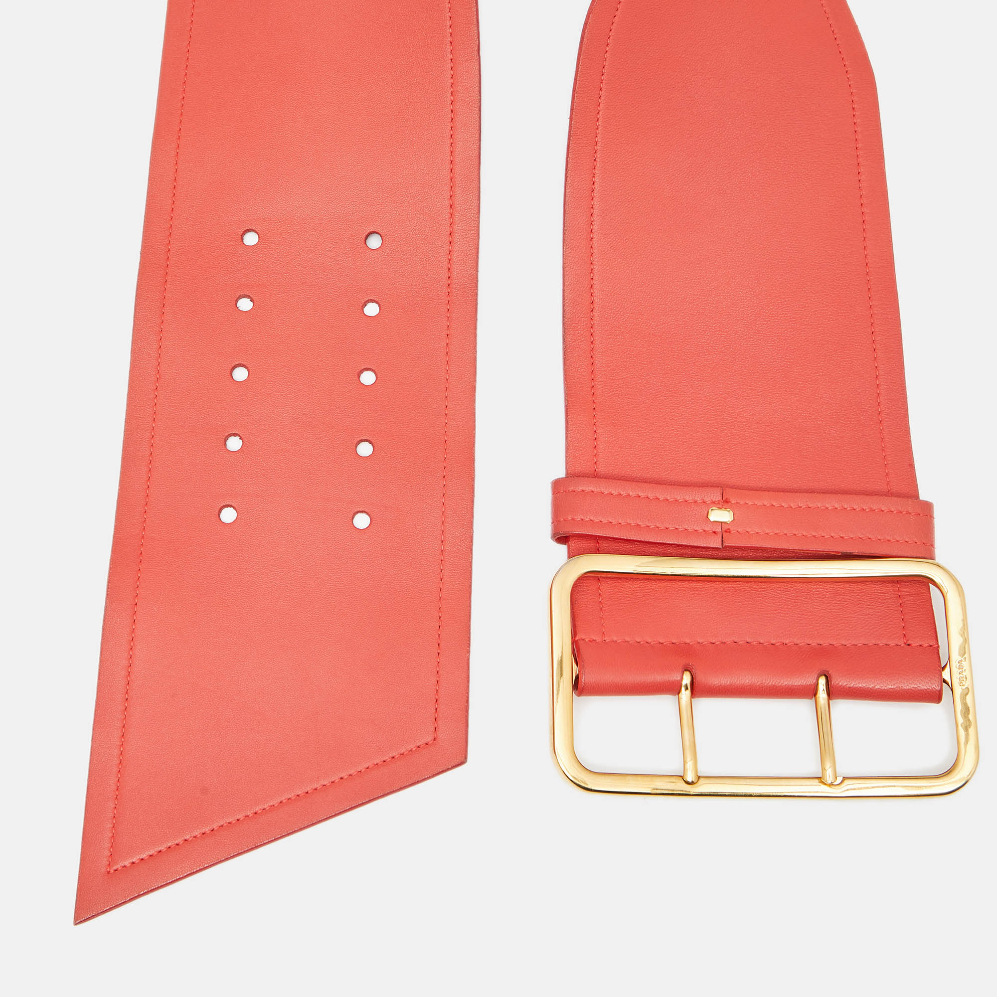 Prada Coral Orange Leather Wide Buckle Belt 85CM