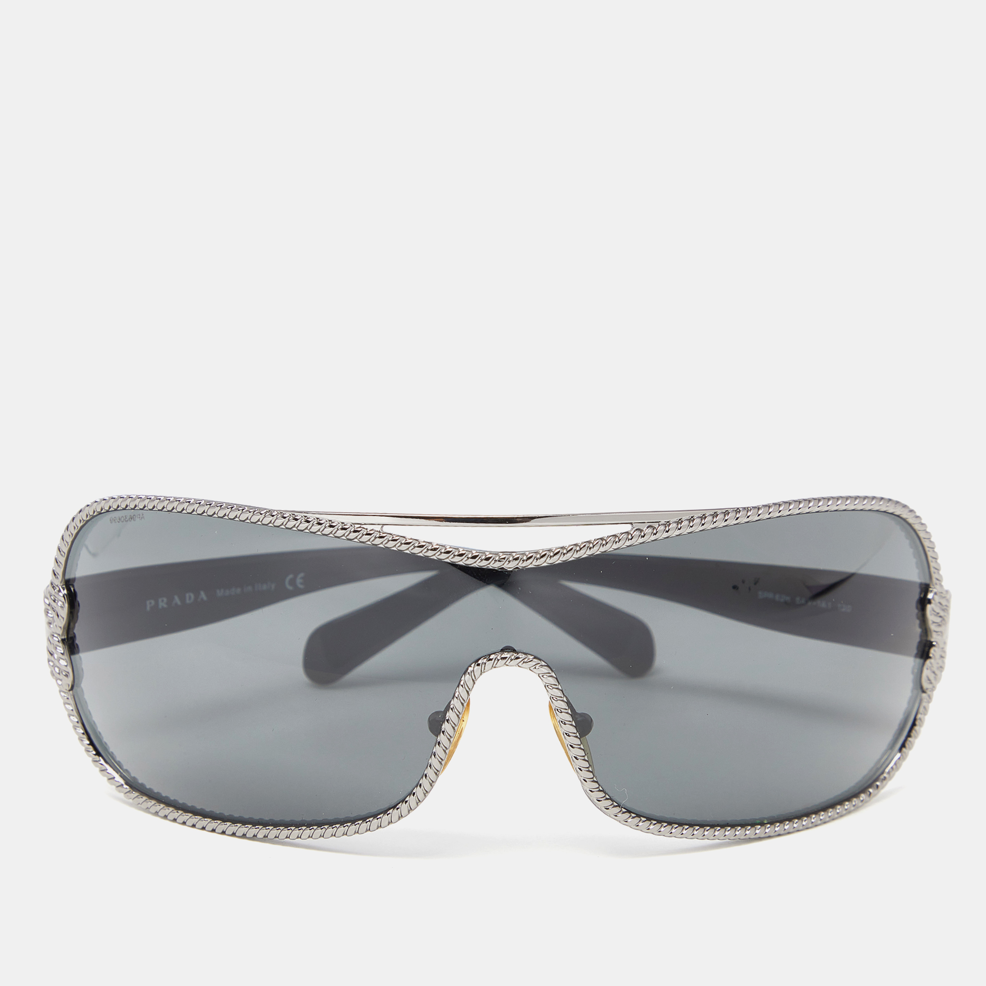 Prada Black Acetate Black Tone Metal SPR62H 5AV-1A1 Shield Sunglasses