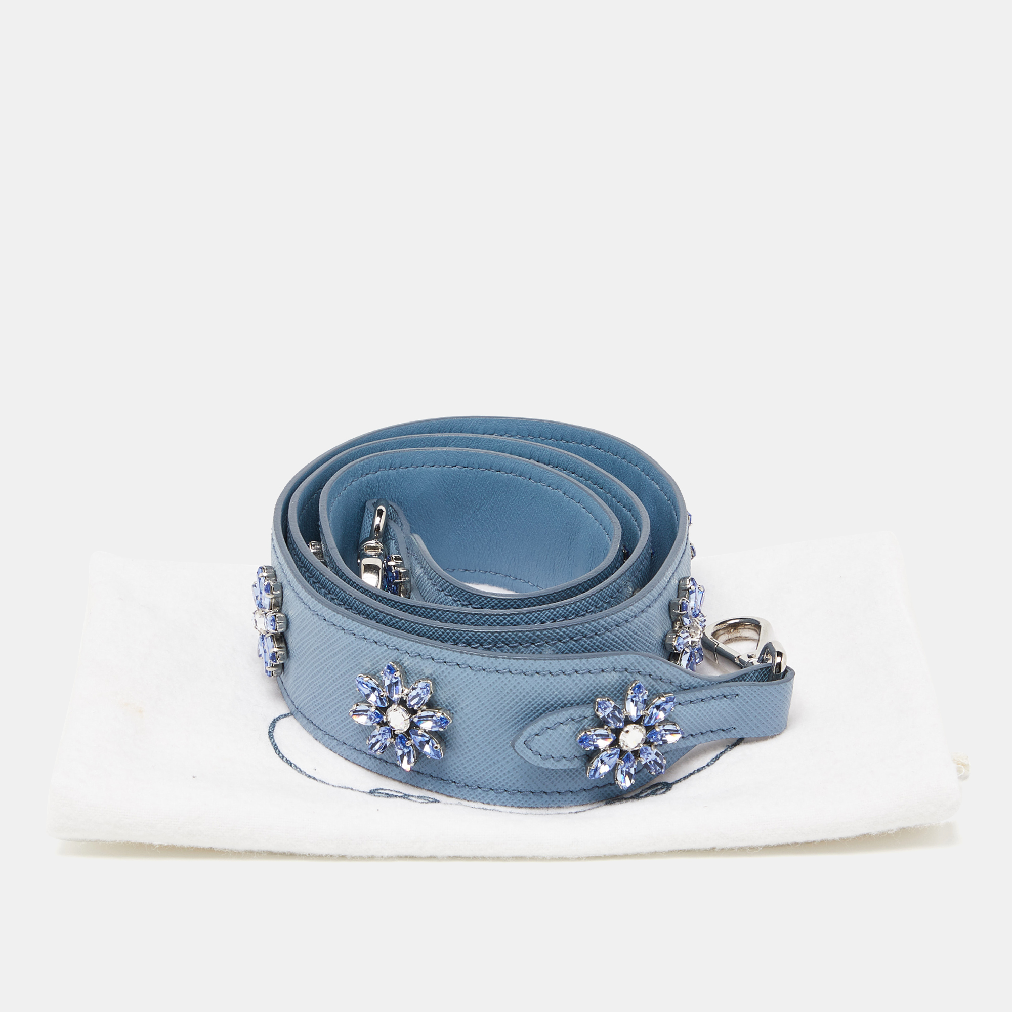 Prada Light Blue Saffiano Leather Crystals Embellished Shoulder Bag Strap