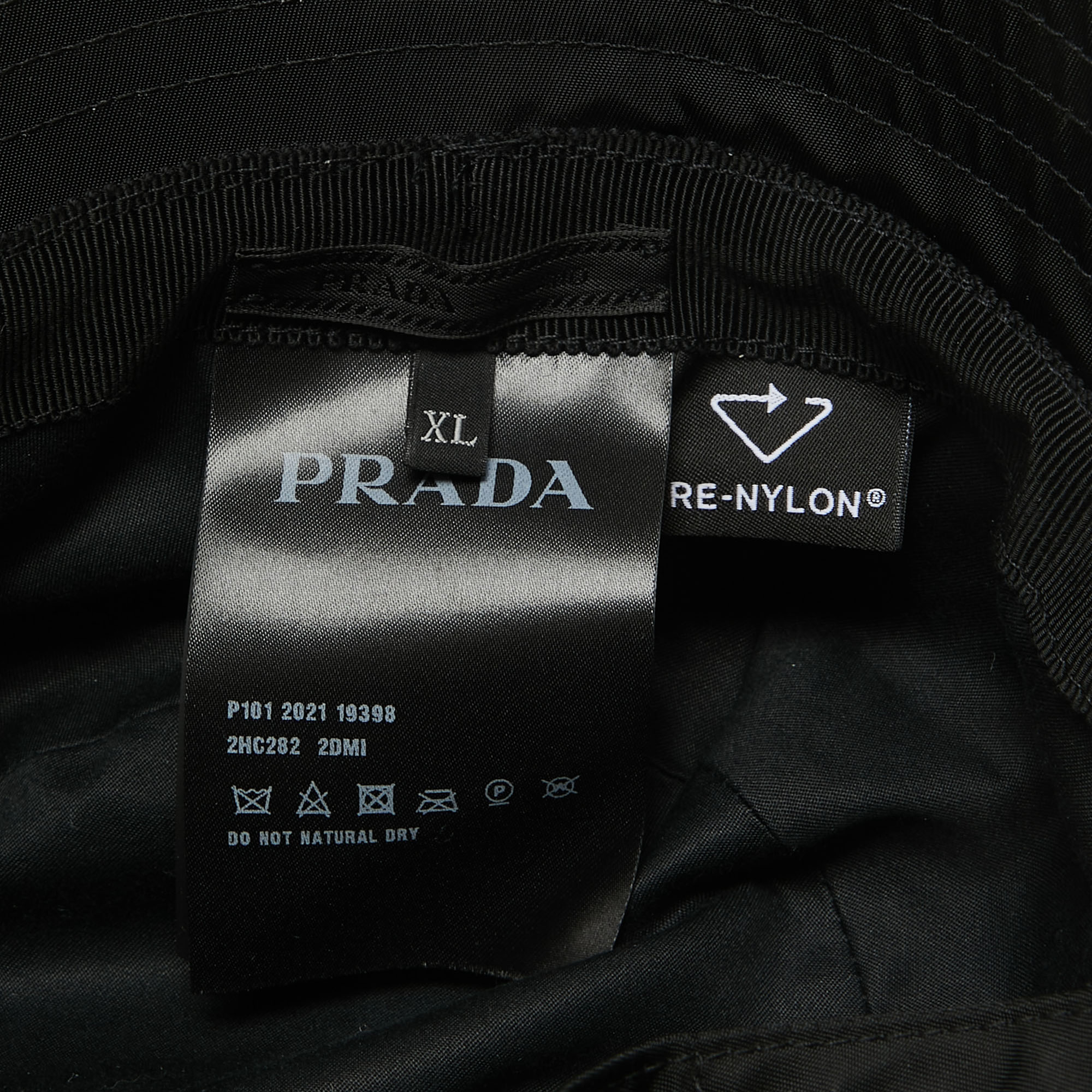 Prada Black Re-Nylon Triangle Logo Detail String Bucket Hat XL