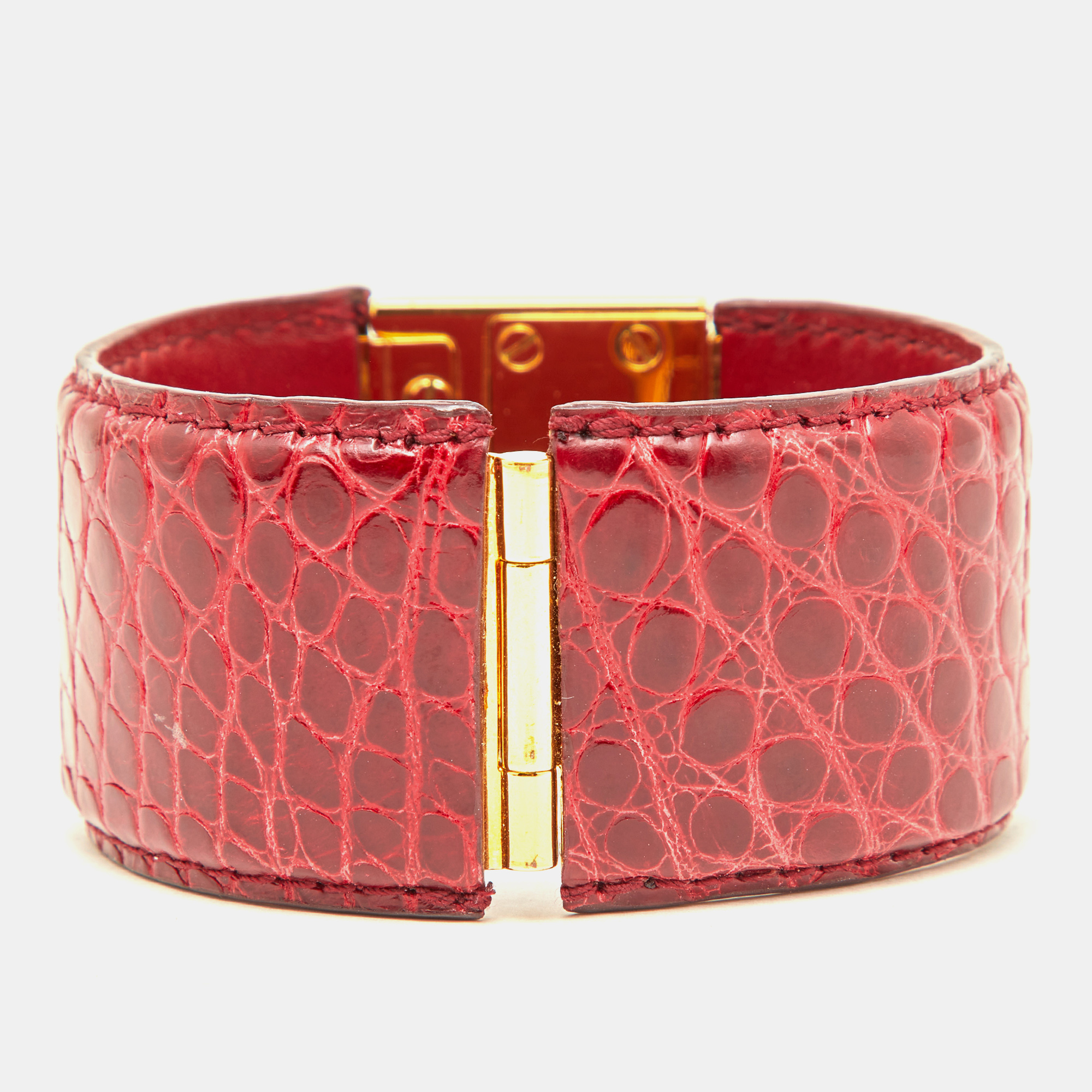 Prada Red Alligator Leather Gold Tone Wide Cuff Bracelet