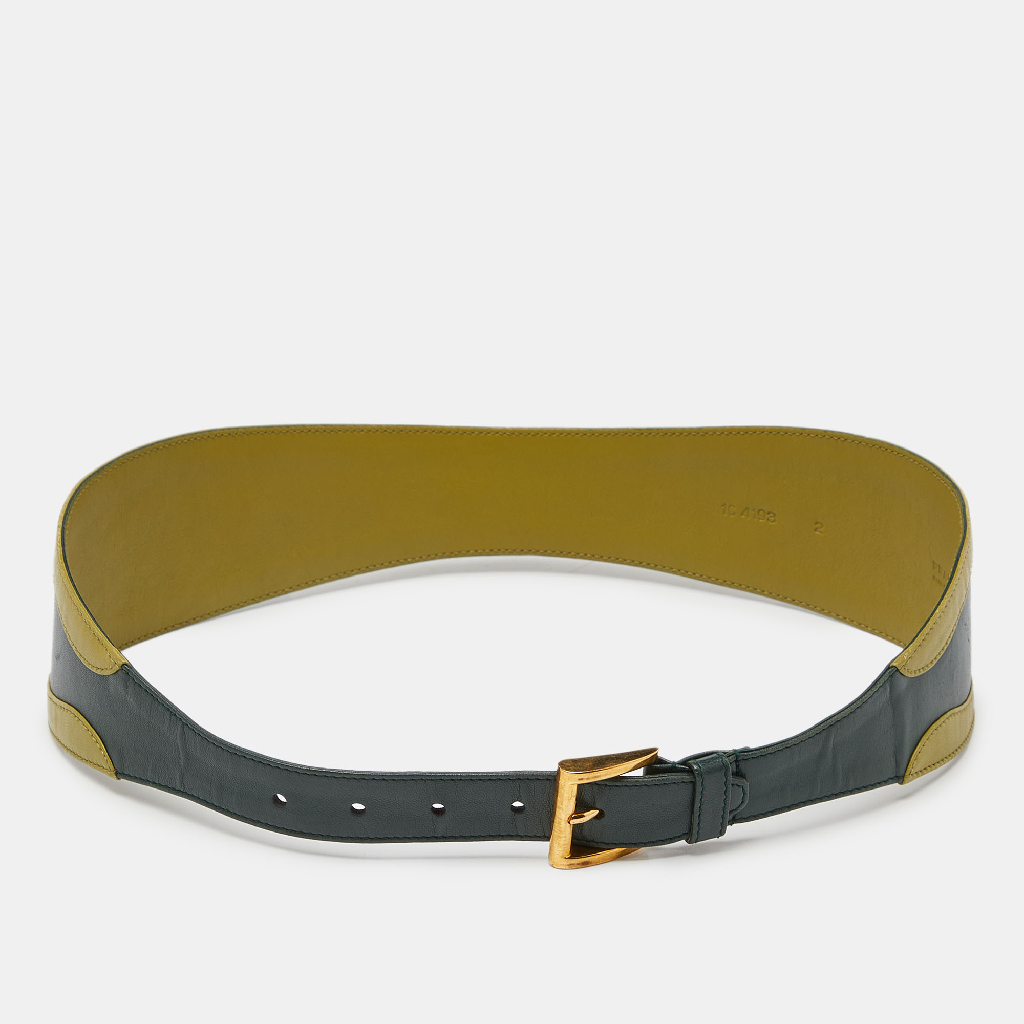 Prada two tone green leather wide buckle belt 80cm