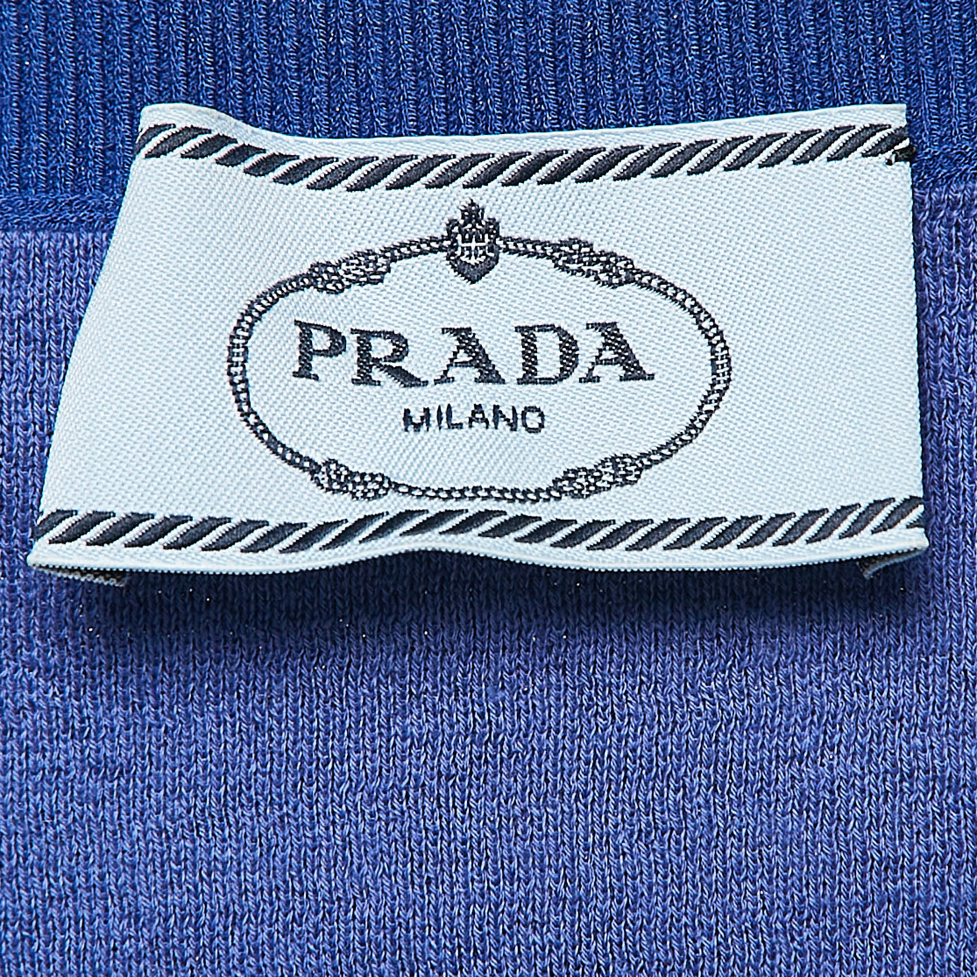 Prada Blue Logo Embossed Cotton Blend Knit Sleeveless Crop Top M