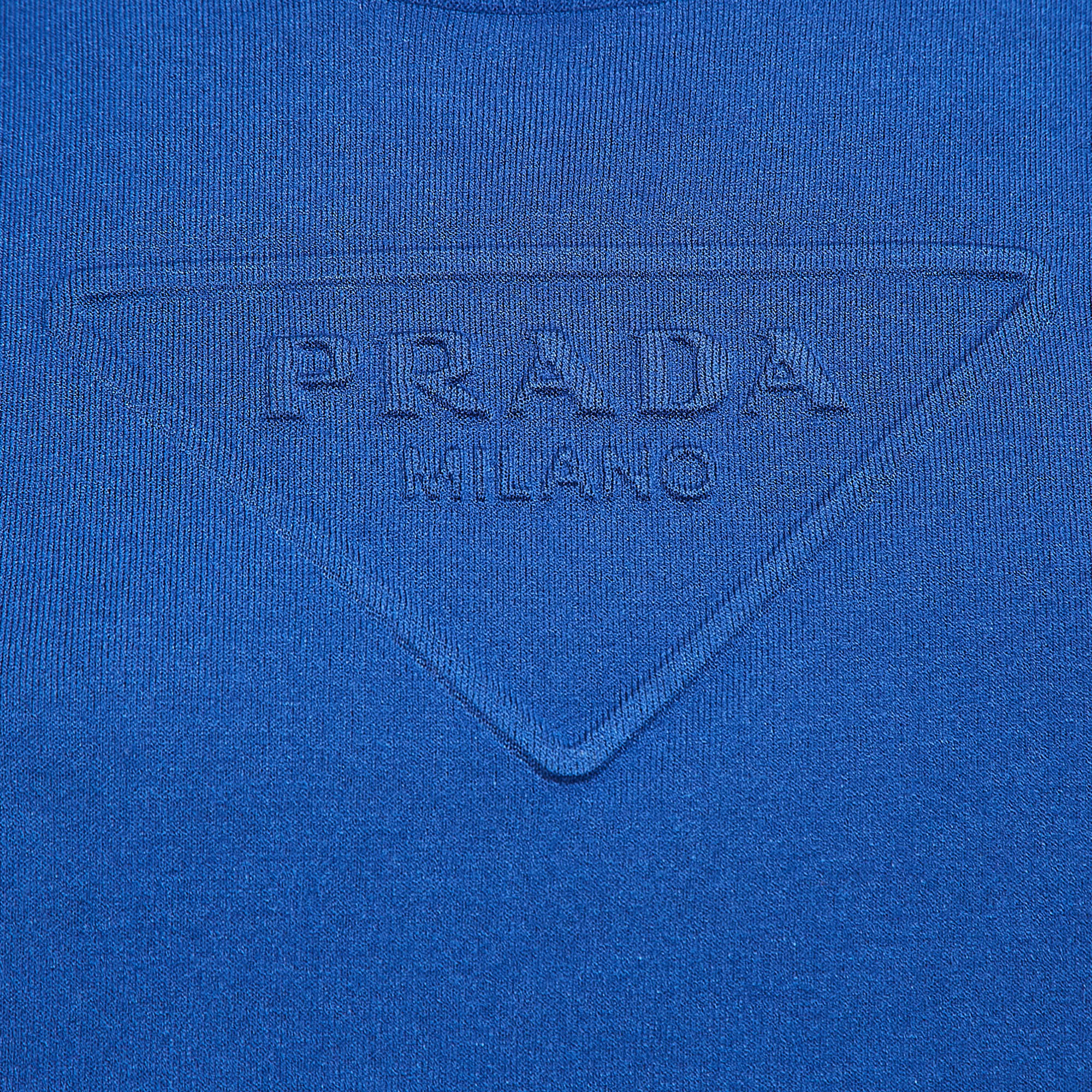 Prada Blue Logo Embossed Cotton Blend Knit Sleeveless Crop Top M