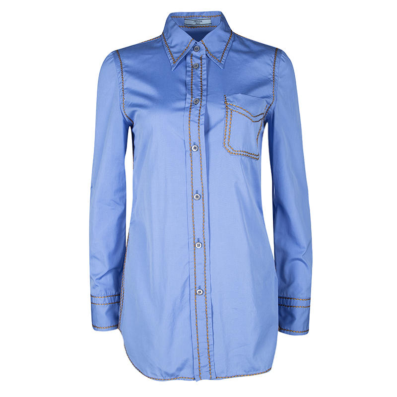 Prada blue cotton contrast embroidered long sleeve button front shirt s