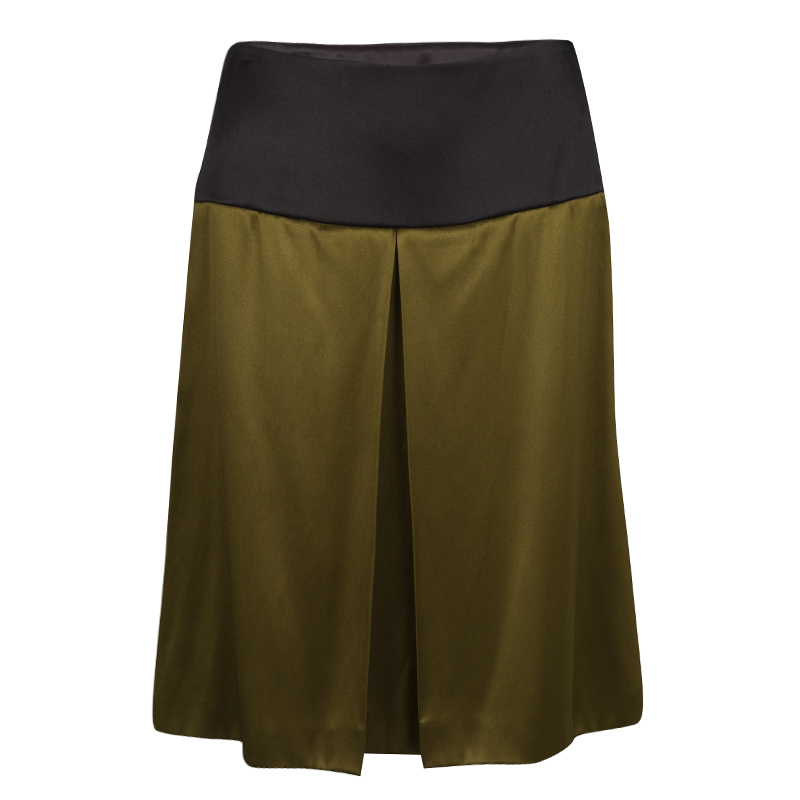 Image of Prada Olive Green Satin Contrast Waist A-Line Skirt S