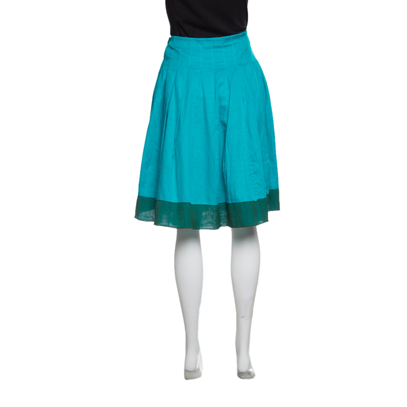 Prada Blue Cotton Contrast Silk Trim Detail Pleated Skirt M