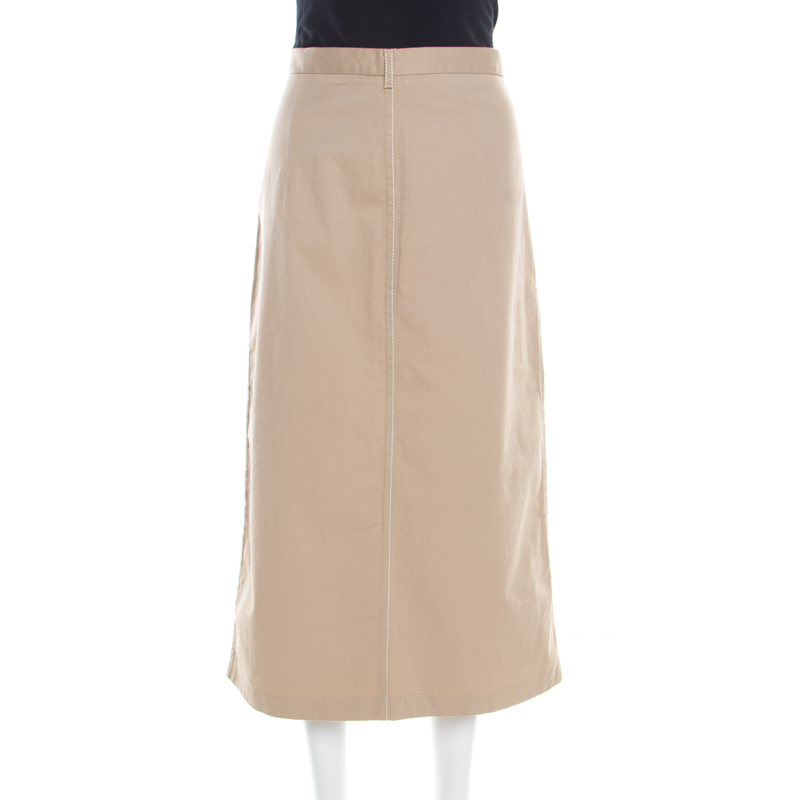 Image of Prada Beige Cotton Contrast Top Stitch Detail Midi Skirt L