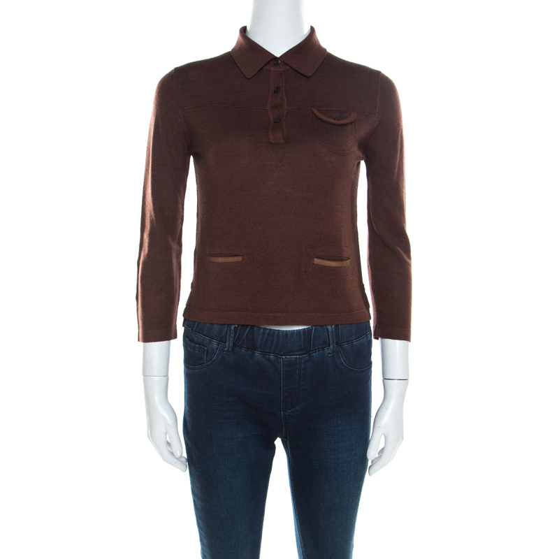 Prada Brown Silk And Wool Rib Knit Leather Patch Detail Polo T- Shirt M