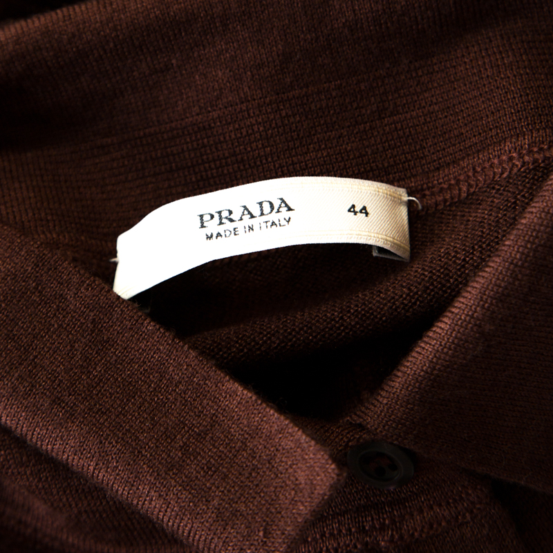 Prada Brown Silk And Wool Rib Knit Leather Patch Detail Polo T- Shirt M