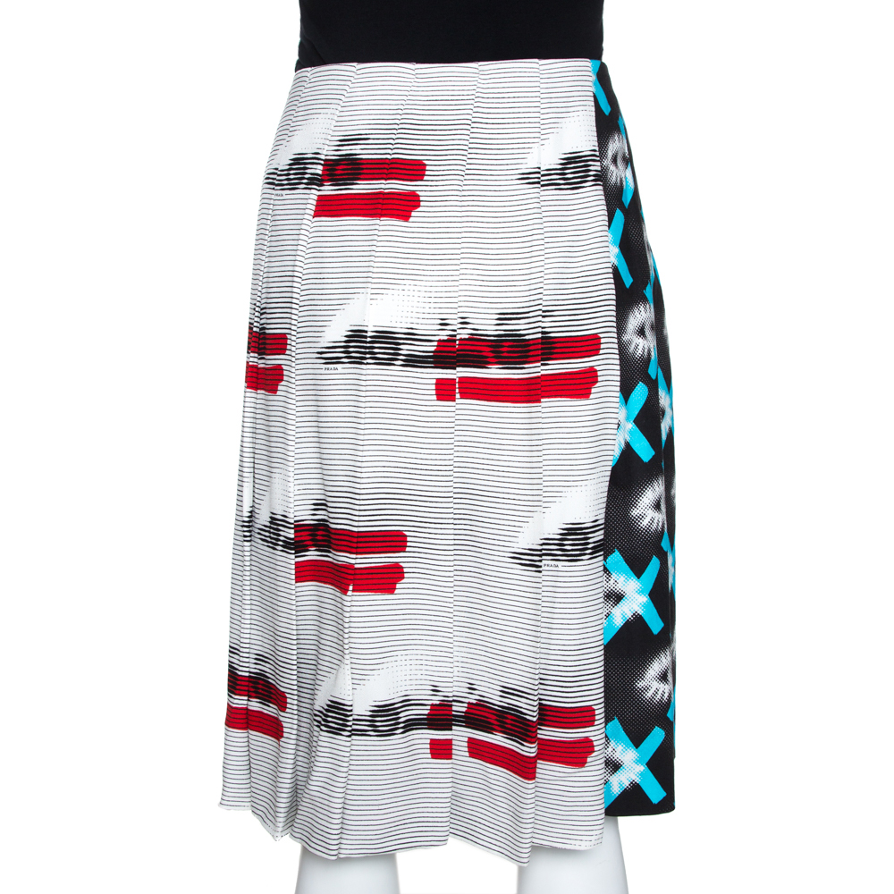Prada White Printed Crepe Python Skin Trim Pleated Skirt L
