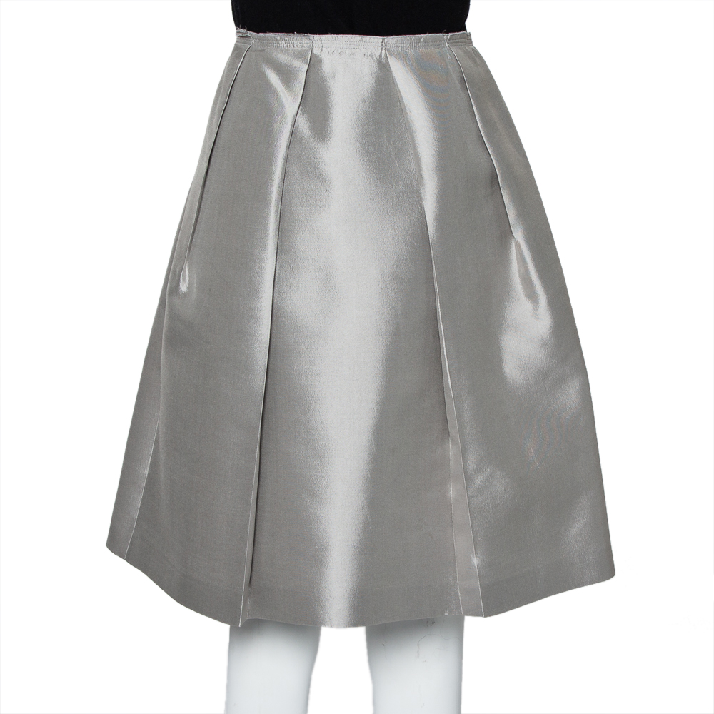 Prada Grey Silk Pleated Knee Length Skirt M