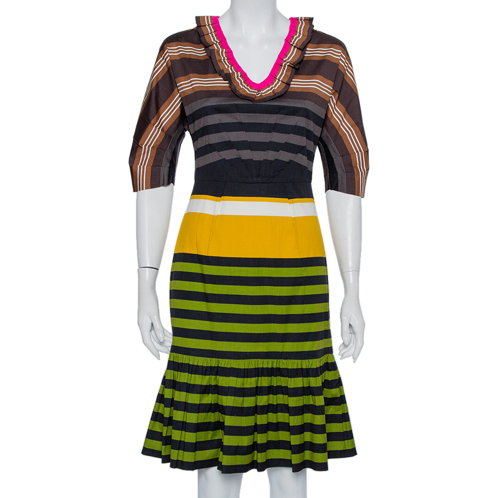 Prada Multicolor Striped Cotton Ruffled Midi Dress S