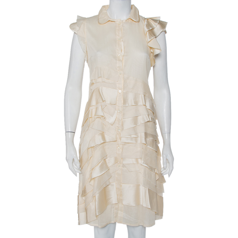 Prada cream silk detachable collar detail ruffled shirt dress m