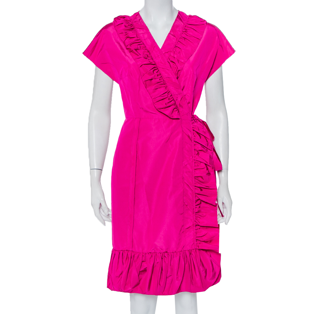 Prada Fuchsia Pink Silk Ruffled Mini Wrap Dress M