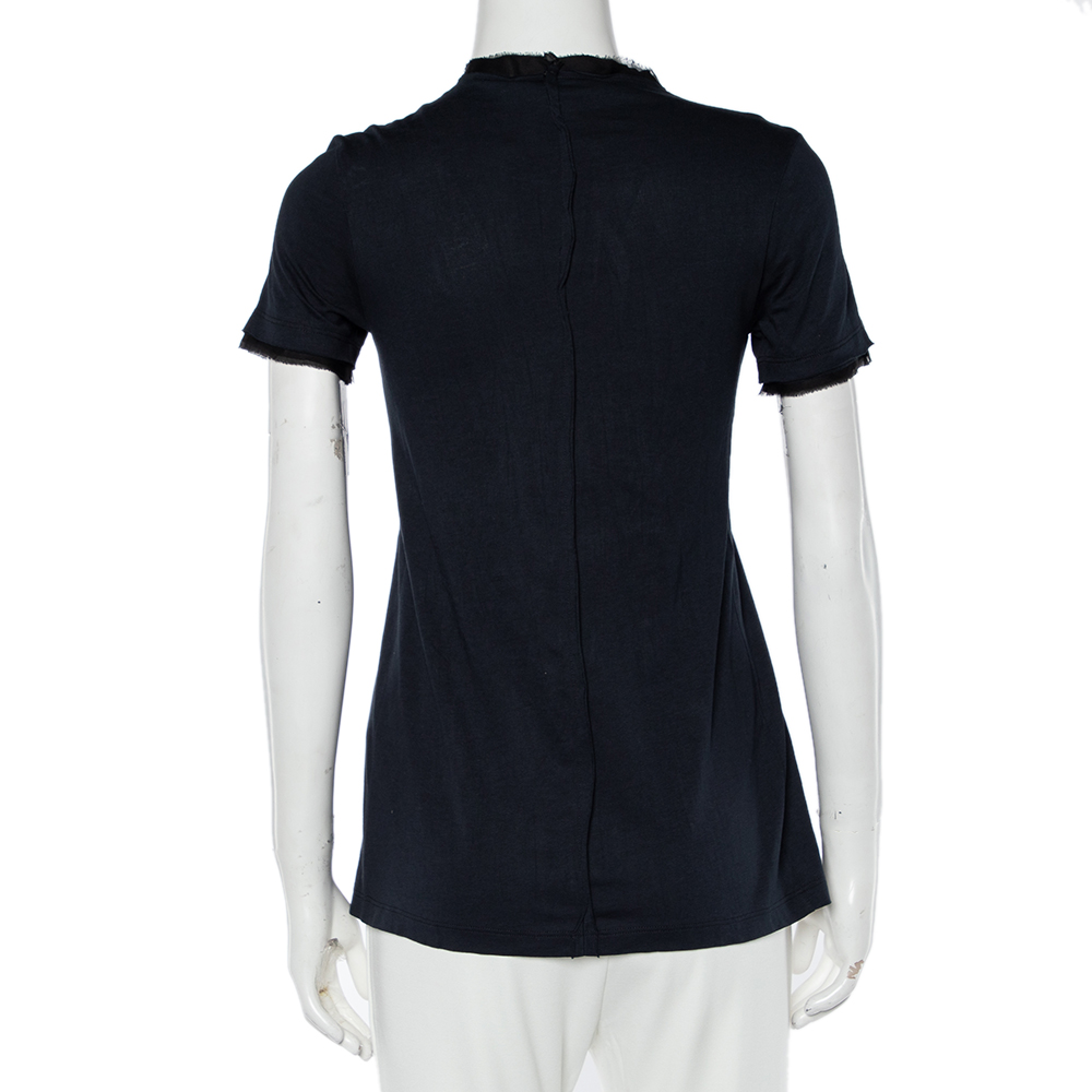 Prada Navy Blue Cotton Knit & Satin Paneled Bow Detail T-Shirt XS