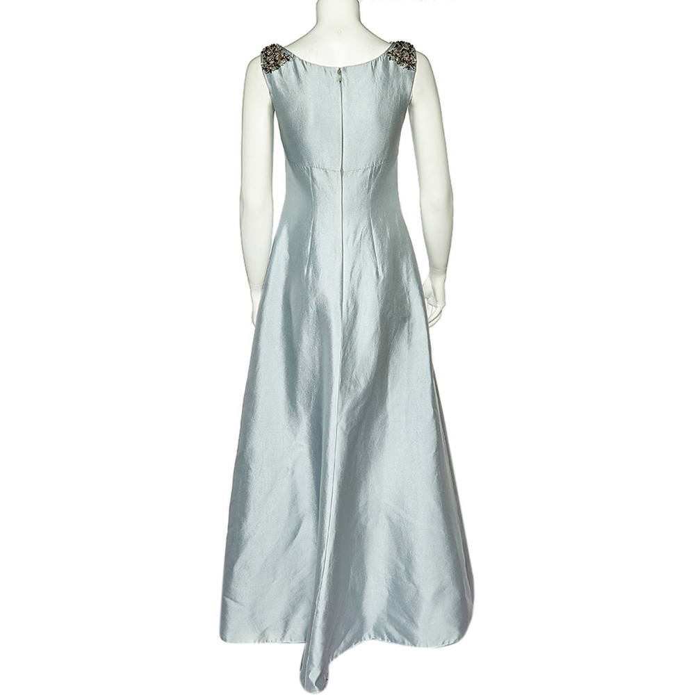 Prada Icy Blue Wool & Silk Embellished Detail Sleeveless Gown S