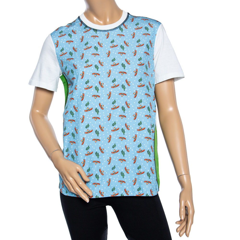 Prada Colorblock Cactus Sombrero Print Cotton& Silk T-Shirt XS