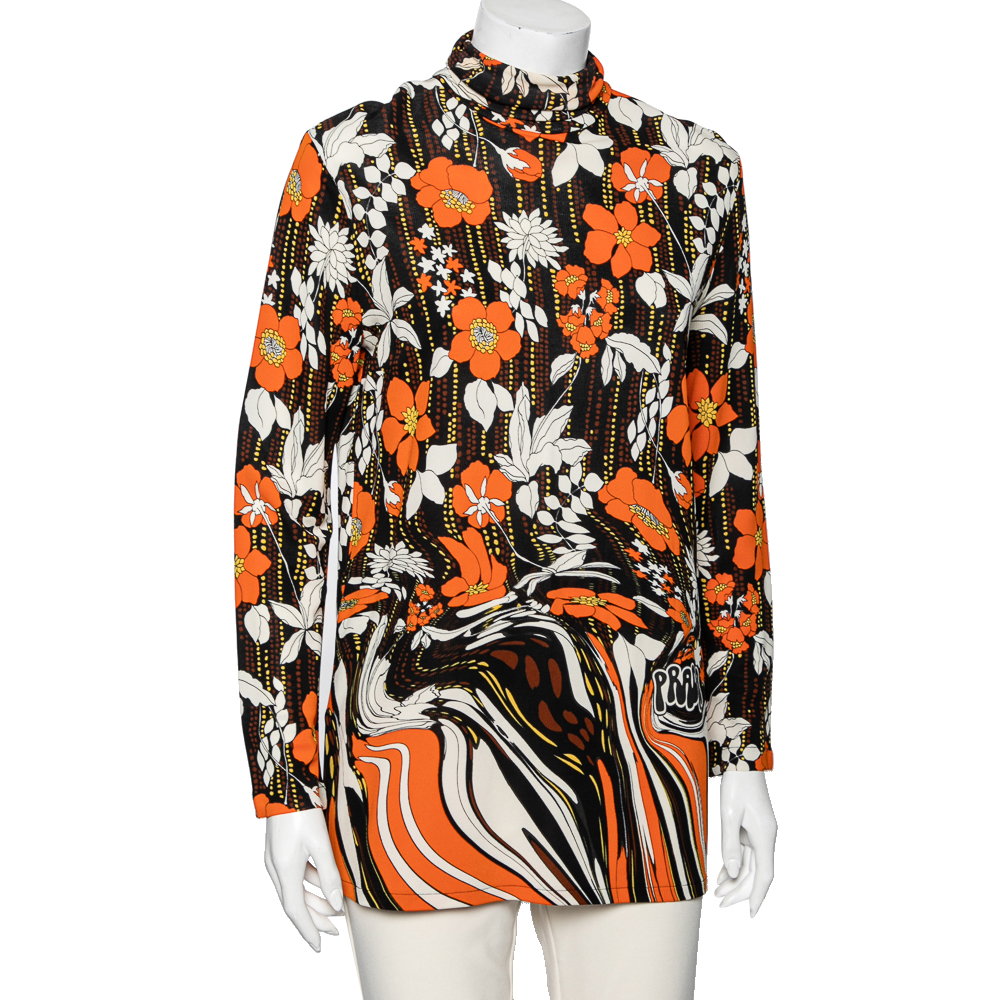 Prada Orange Floral Printed Jersey Long Sleeve Turtleneck Top M