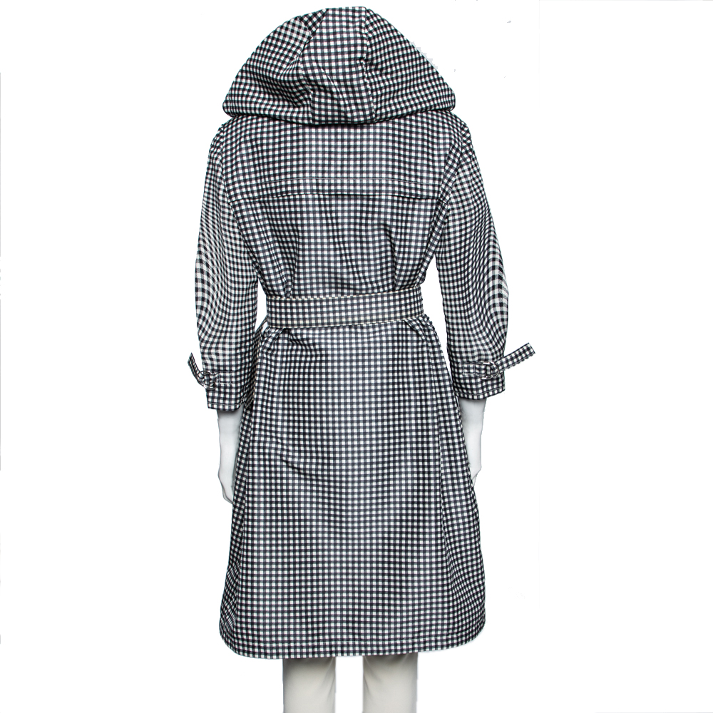 Prada Monochrome Checkered Silk Zip Front Belted Coat M
