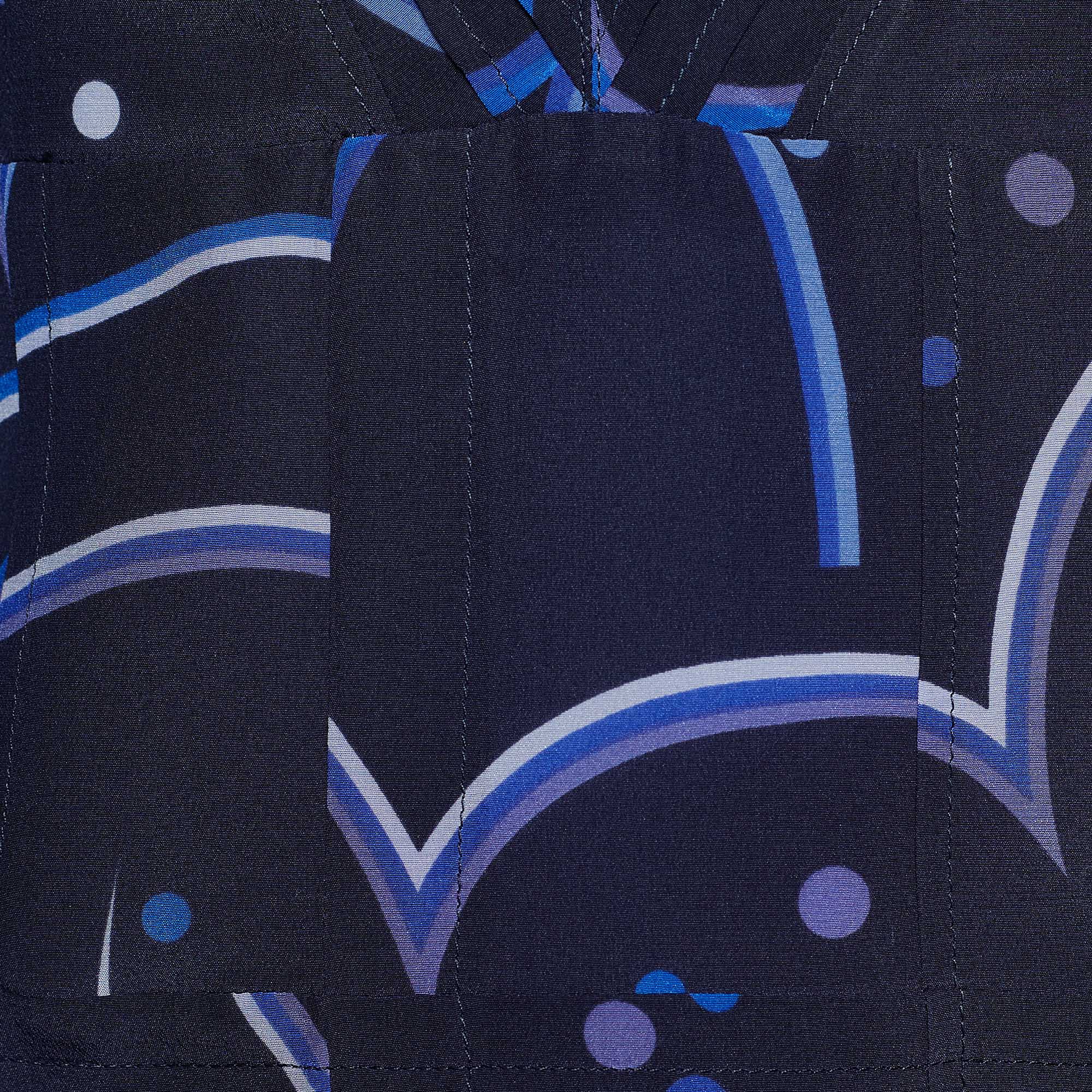Prada Blue Geometric Print Crepe De Chine Silk Blouse L