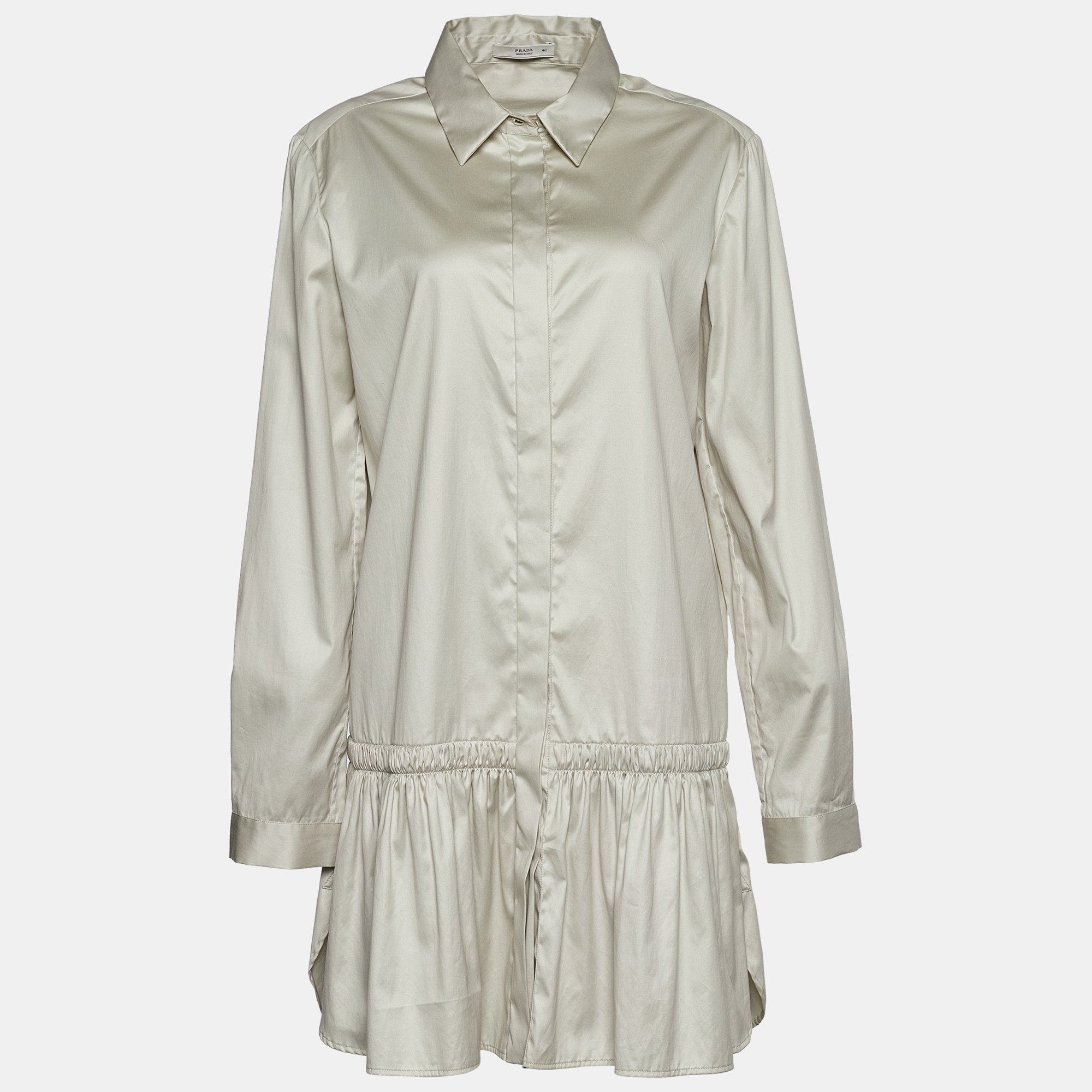 Prada beige cotton gathered hem mini shirt dress l