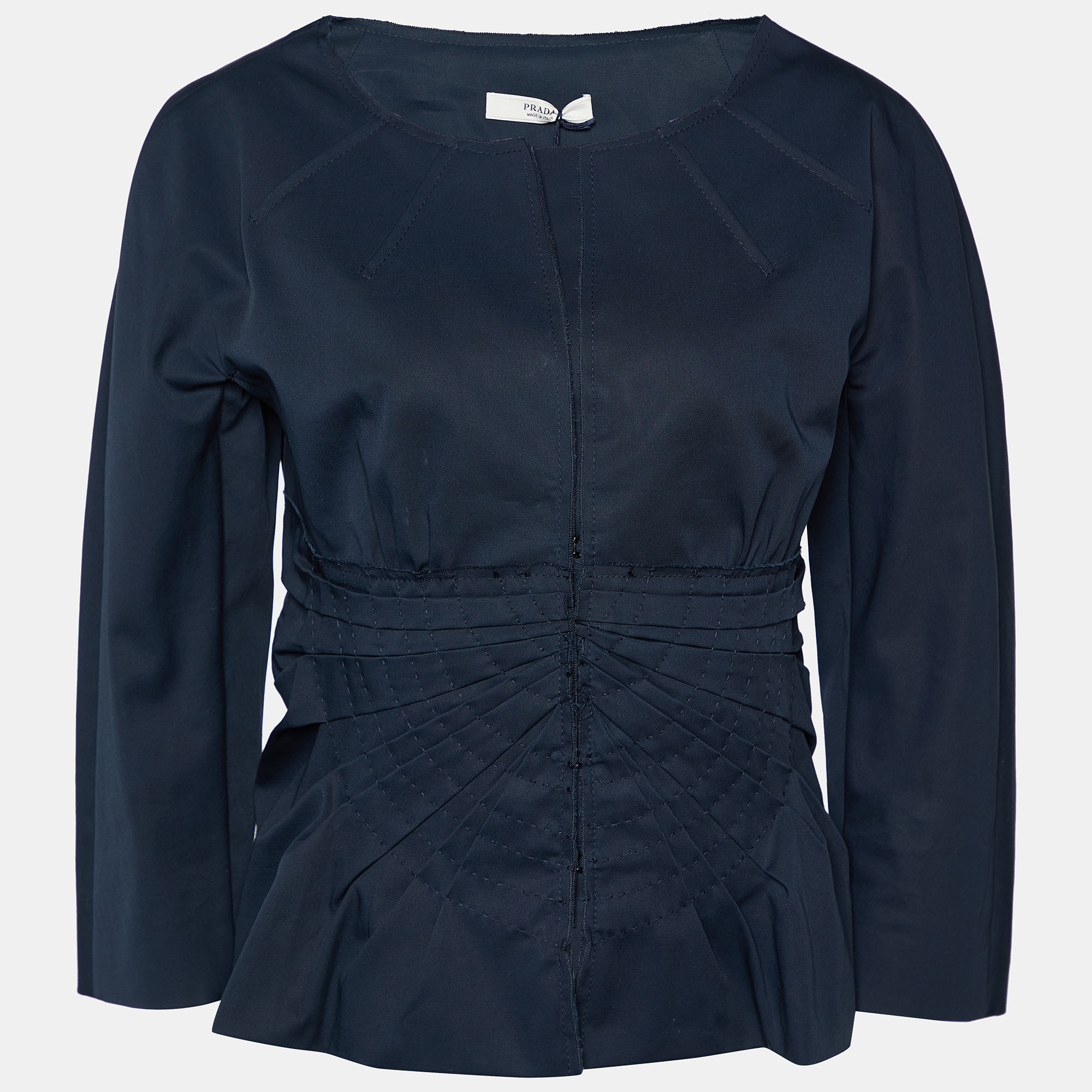 Prada navy blue gabardine draped detail hook front jacket l