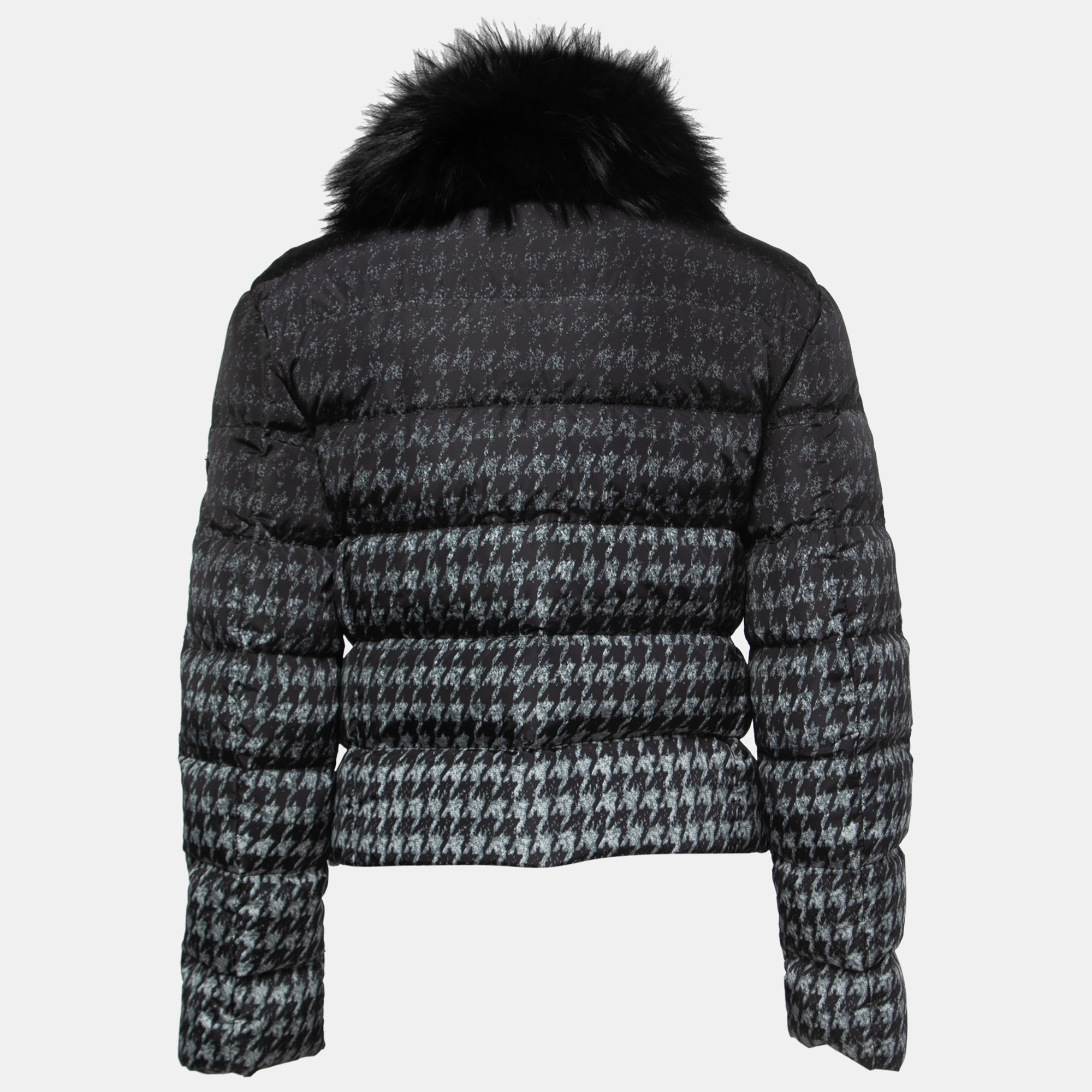 

Prada Grey Houndstooth Printed Synthetic Fox Fur Collar Cropped Jacket