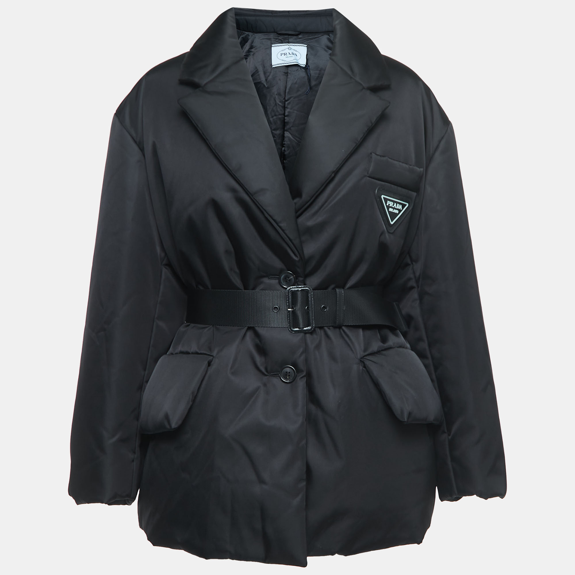Prada Black Resin Coating Nylon  Belted Down Jacket M