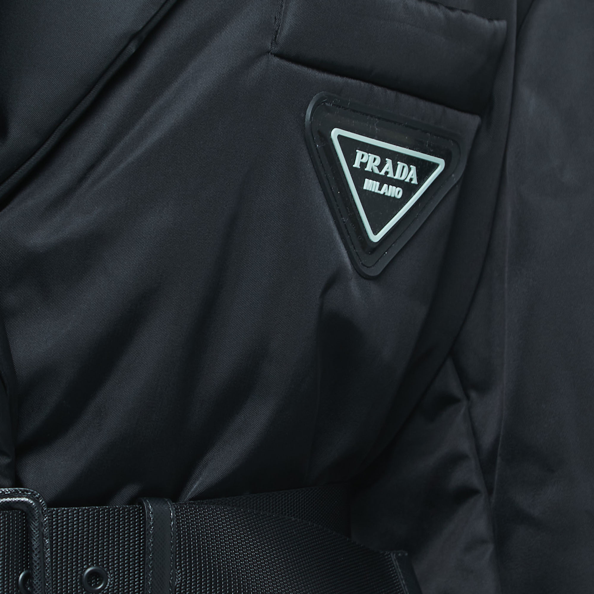 Prada Black Resin Coating Nylon  Belted Down Jacket M