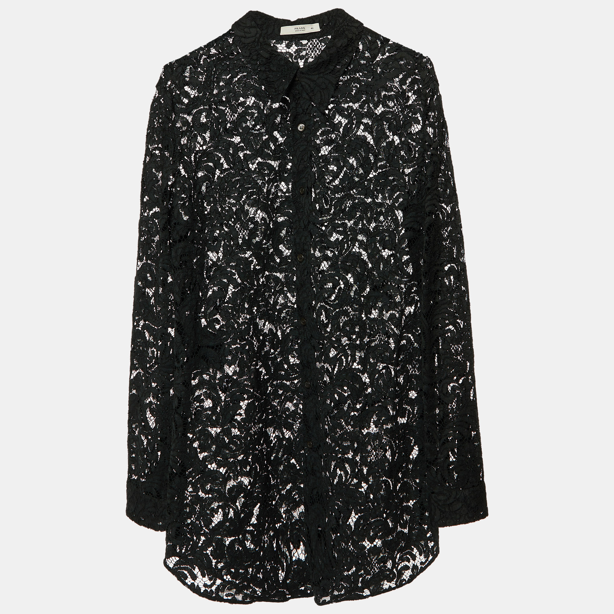 Prada Black Floral Lace Button Front Full Sleeve Shirt L