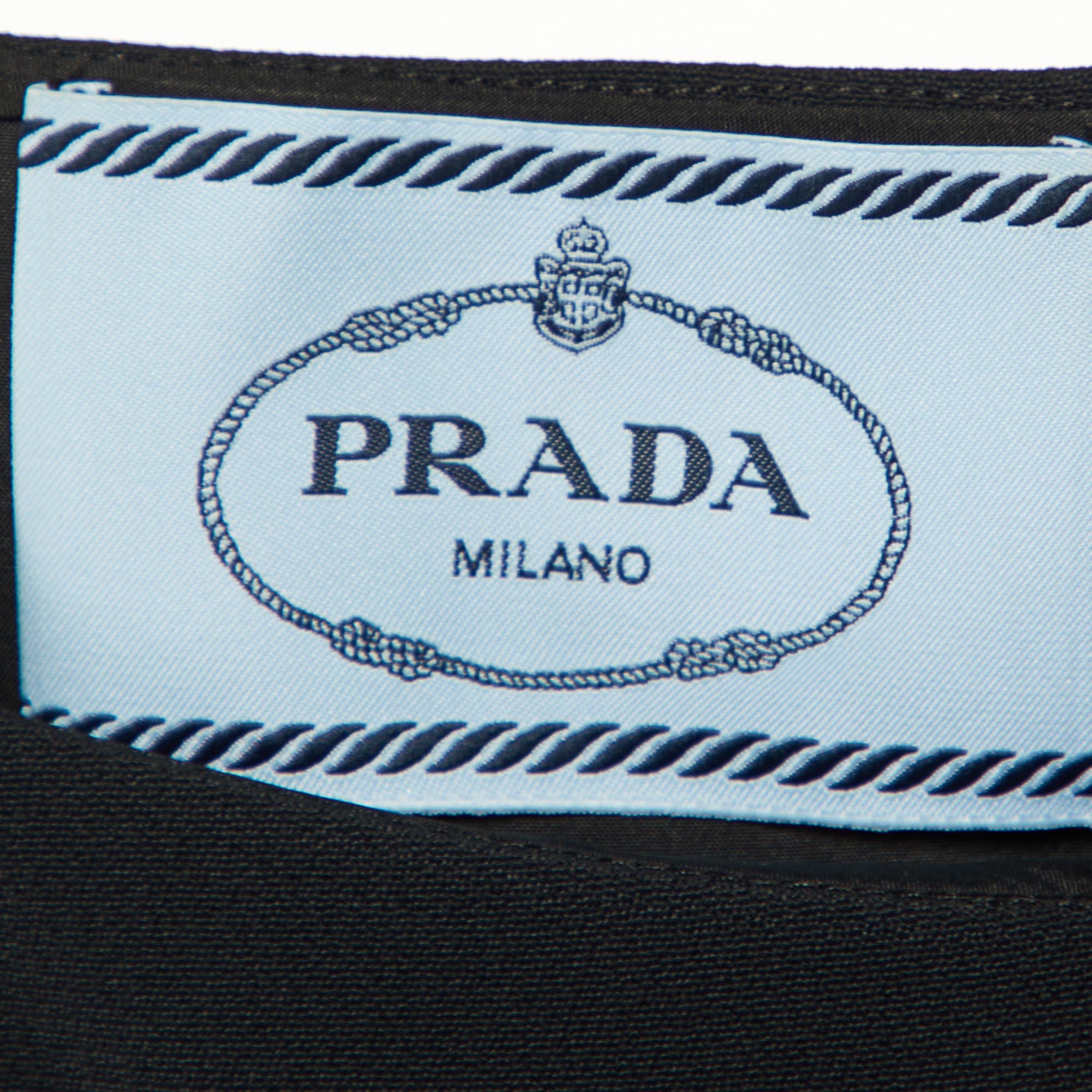 Prada Black Crepe Contrast Feather Detail Belted Midi Dress M