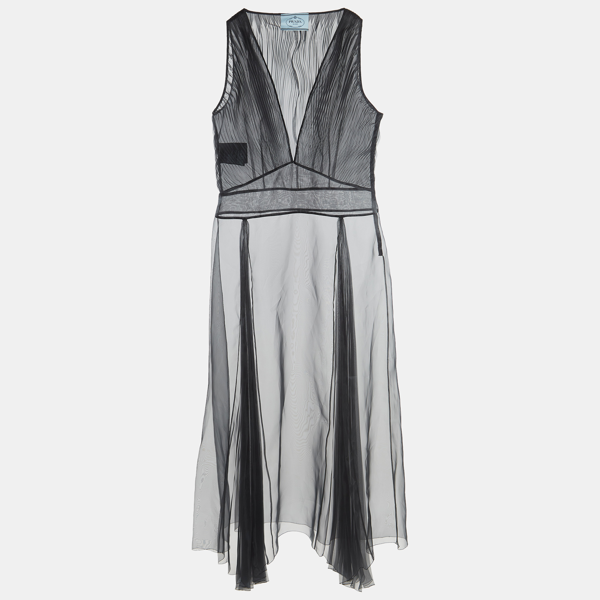 Prada Black Pleated Organza Sleeveless Maxi Dress S