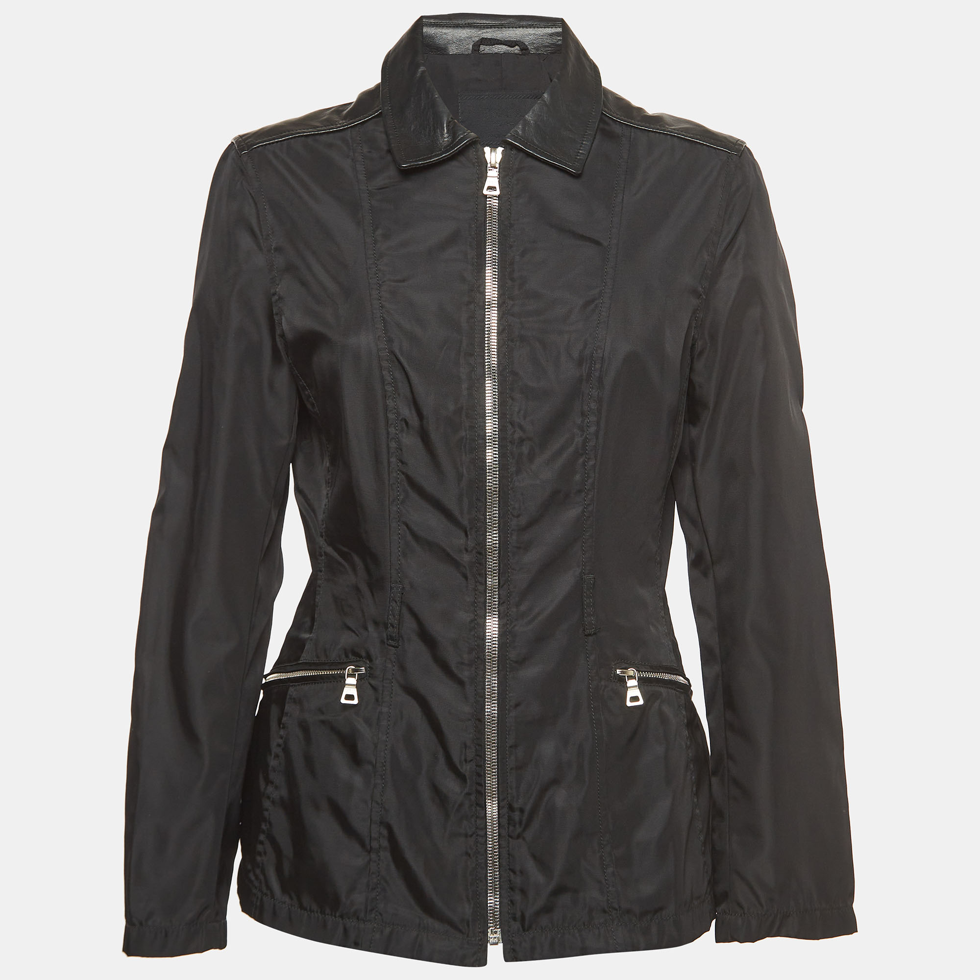 Prada Vintage Black Nylon & Leather Zip Front Jacket L