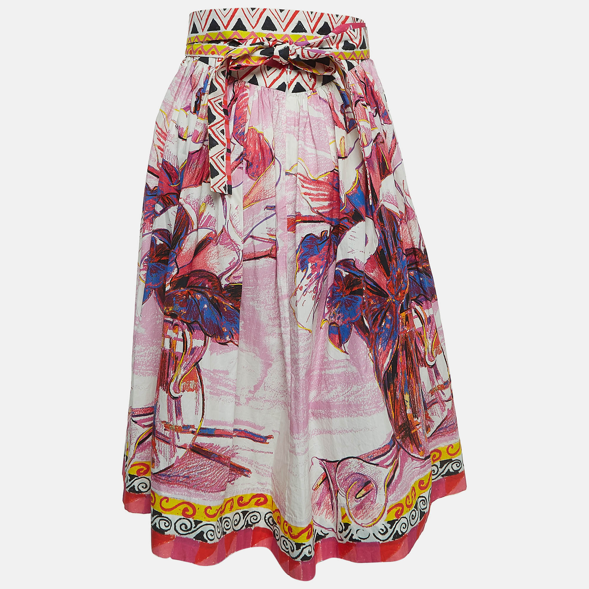 Prada Pink Floral Print Cotton Pleated Midi Skirt M
