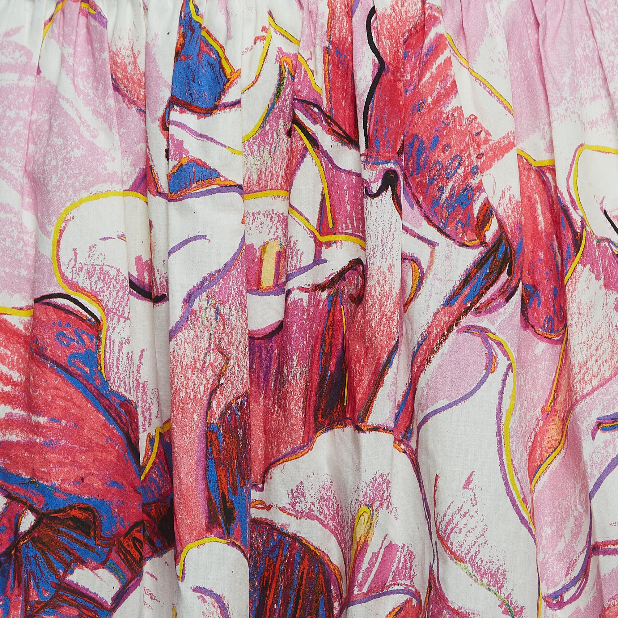 Prada Pink Floral Print Cotton Pleated Midi Skirt M