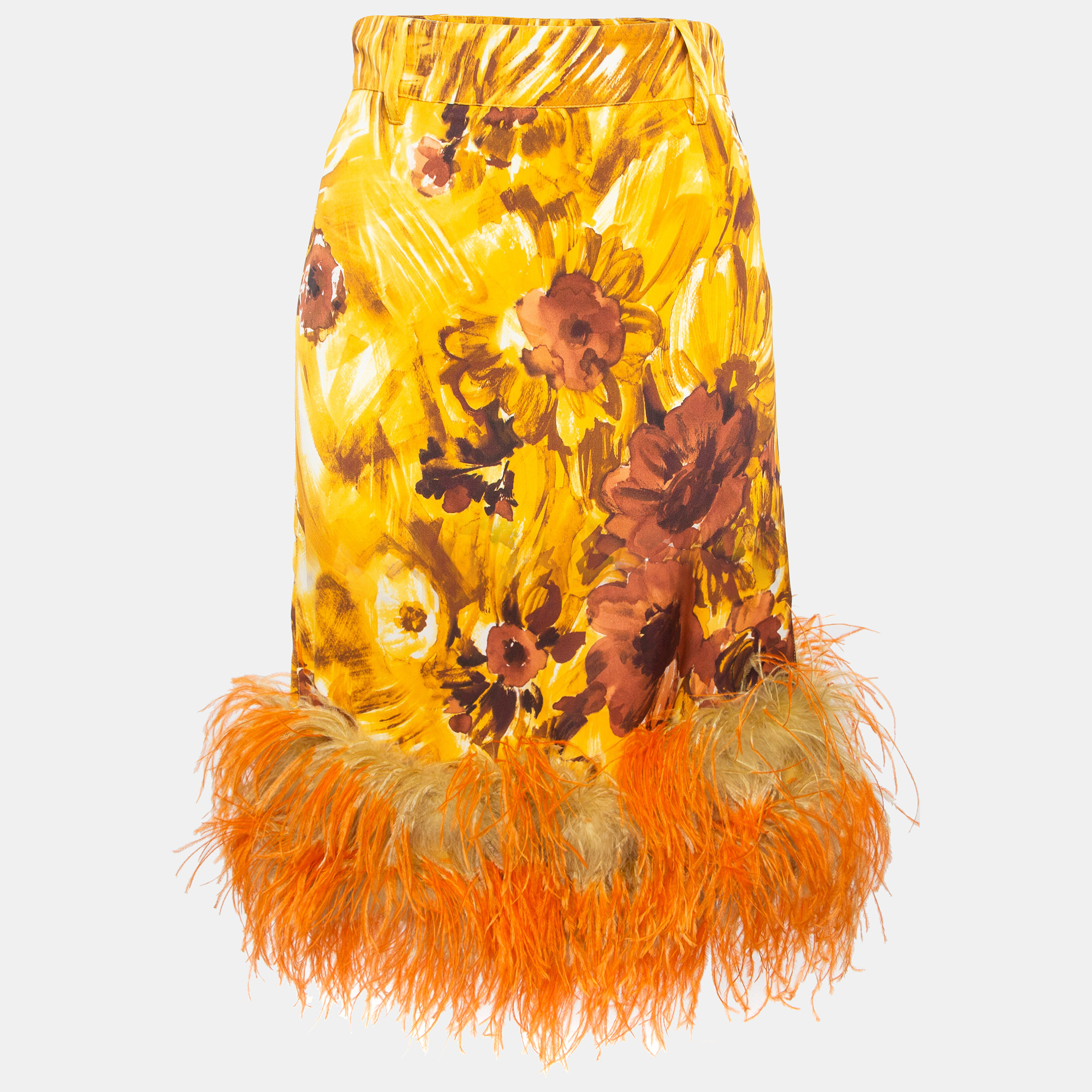 Prada orange floral print feather trim crepe midi skirt s