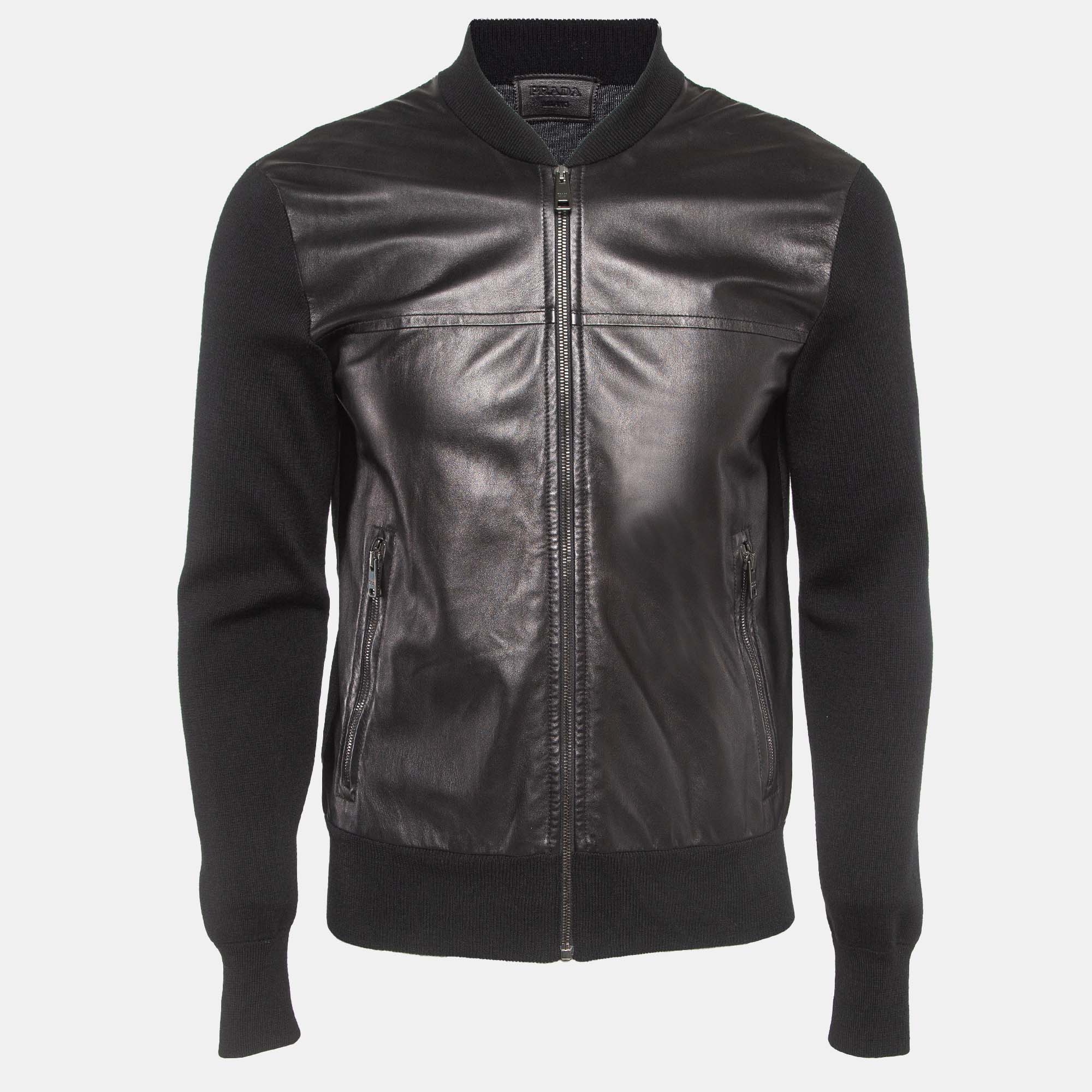 Prada black leather trim wool zipper jacket l