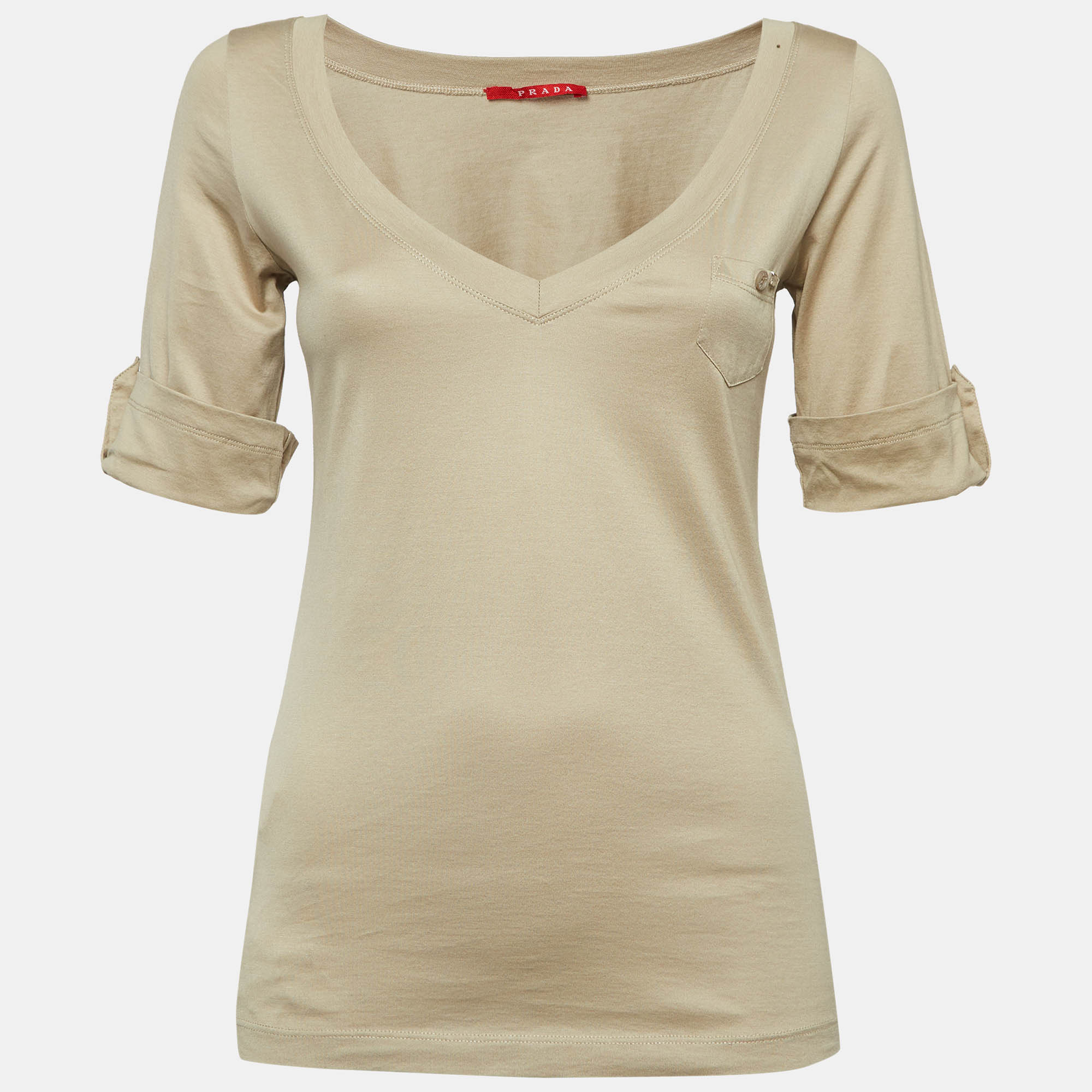 Prada brown cotton knit v-neck t-shirt l