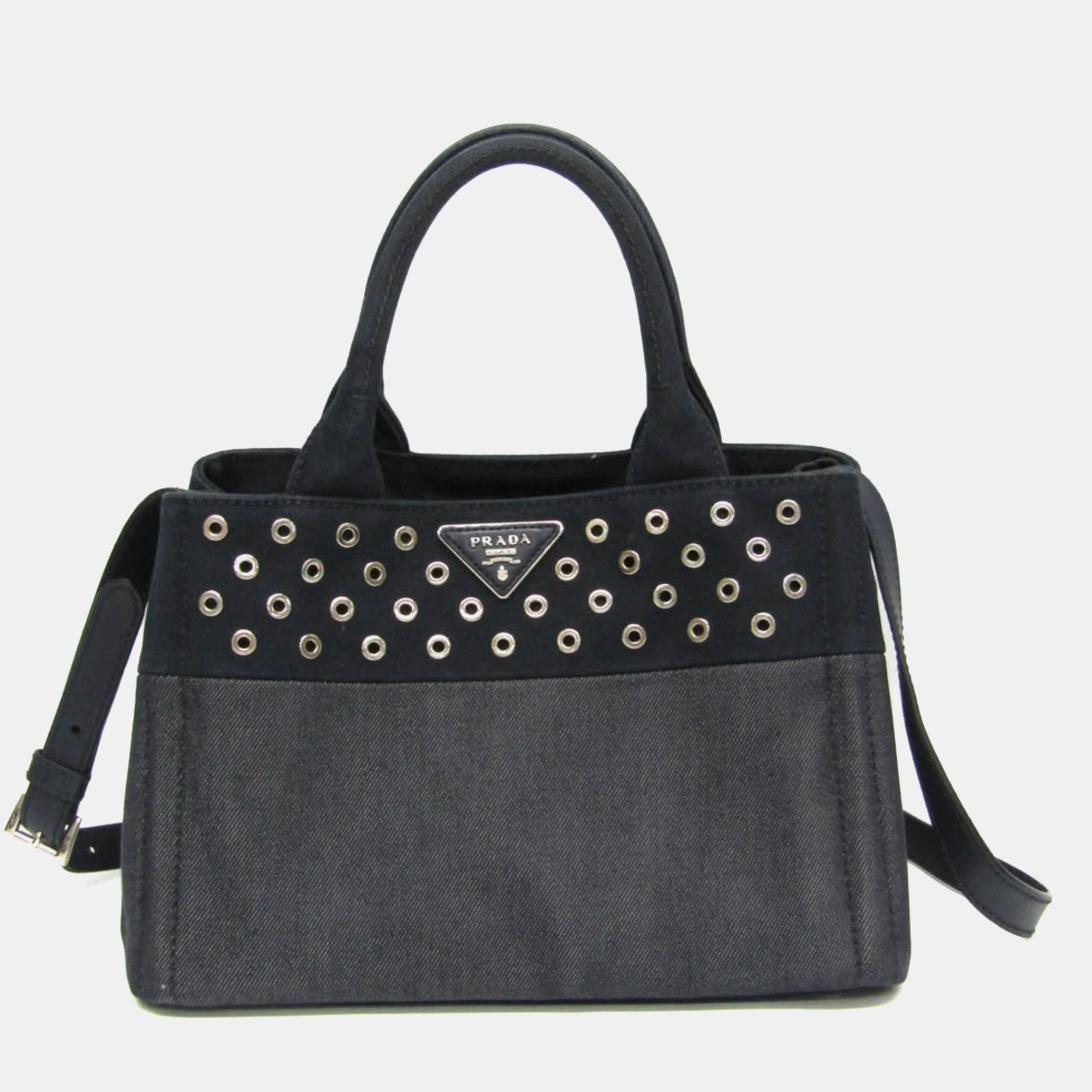 Prada navy blue denim and leather studded canapa tote bag