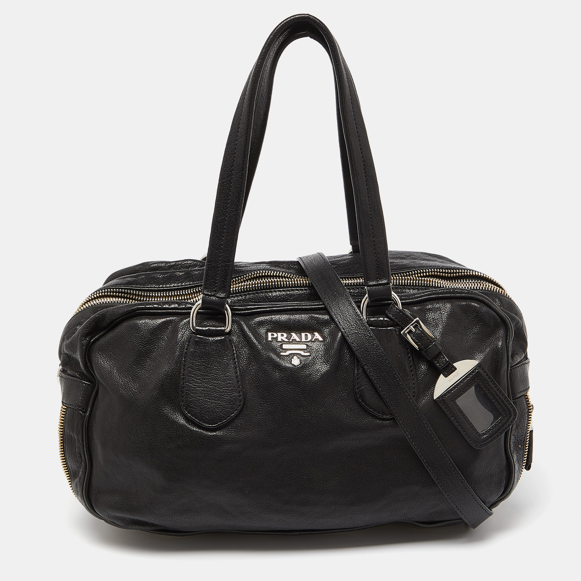 Prada black leather zip detail satchel
