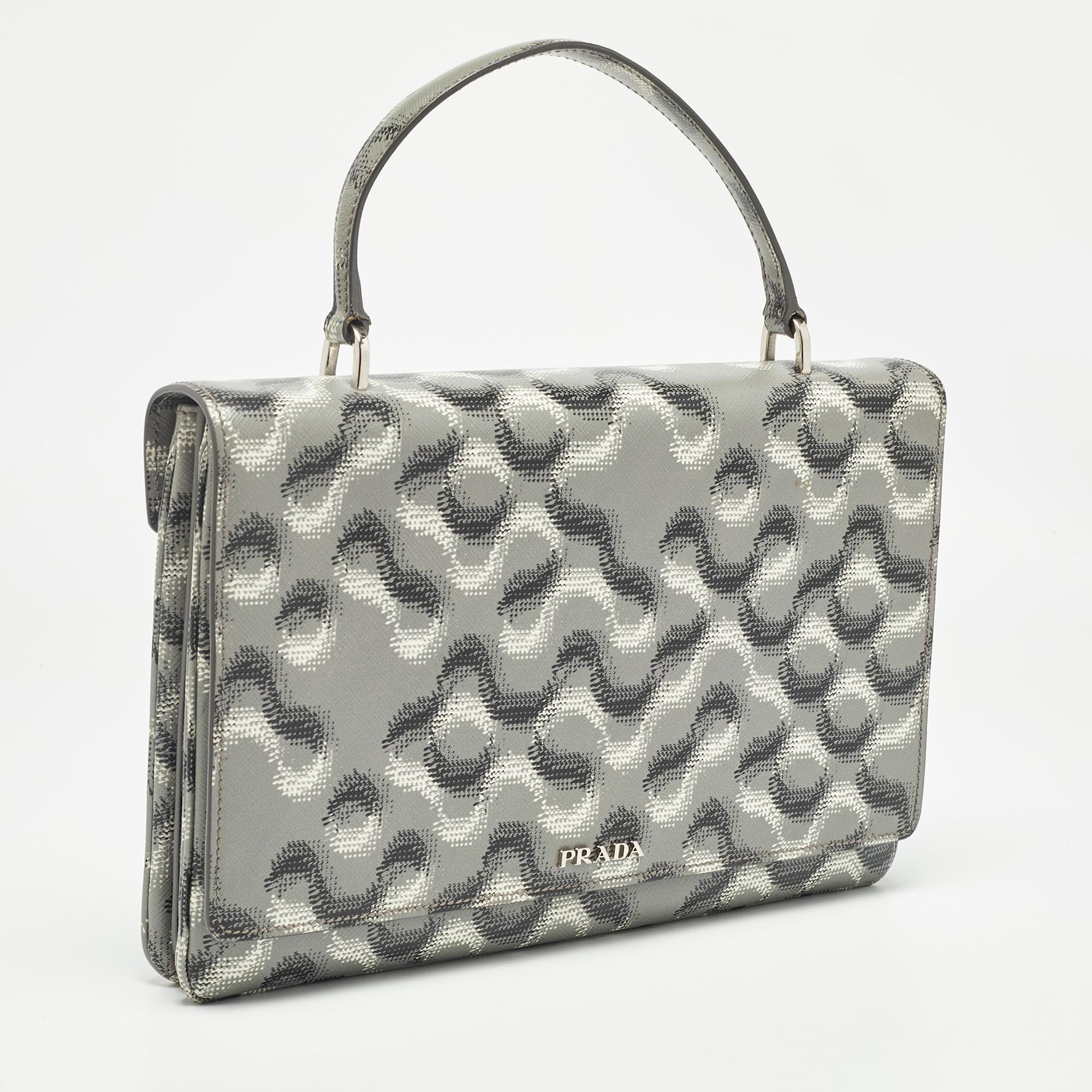 Prada Grey Molecule Print Leather Flap Top Handle Bag