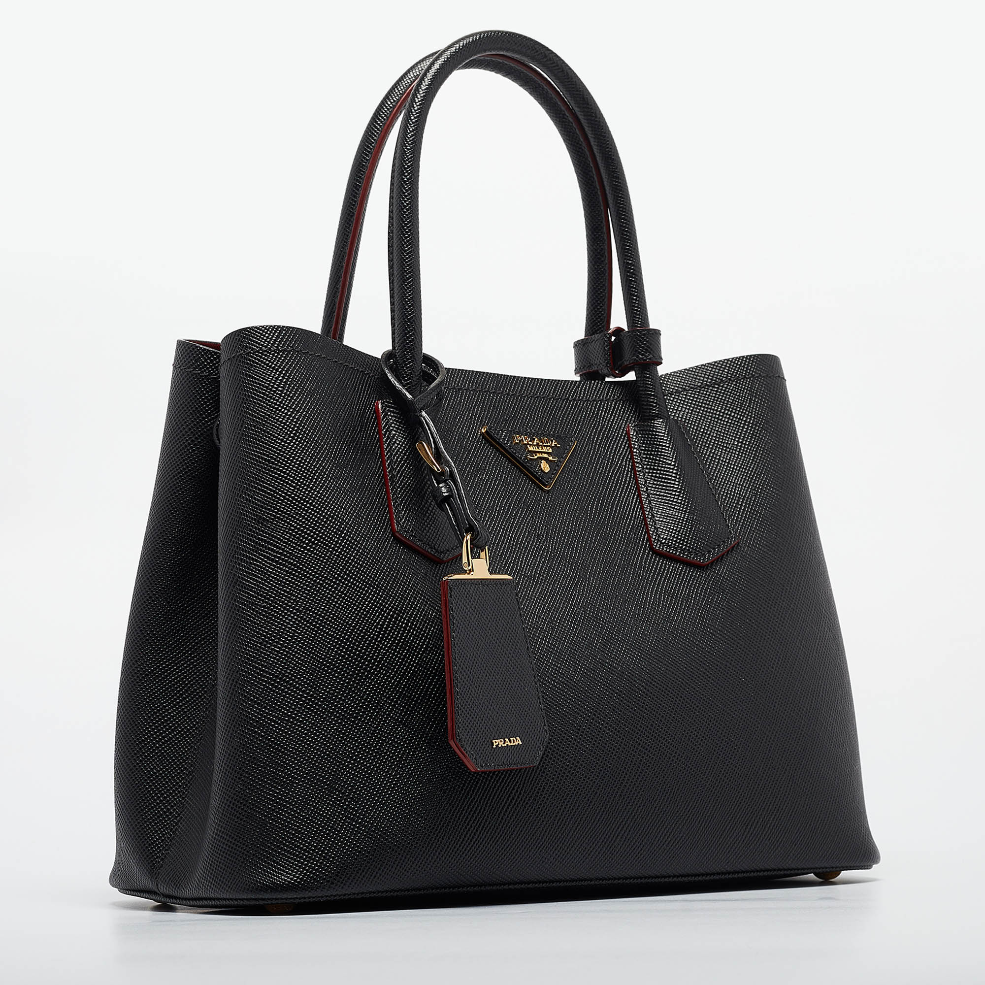 Prada Black Saffiano Cuir Leather Small Double Handle Tote