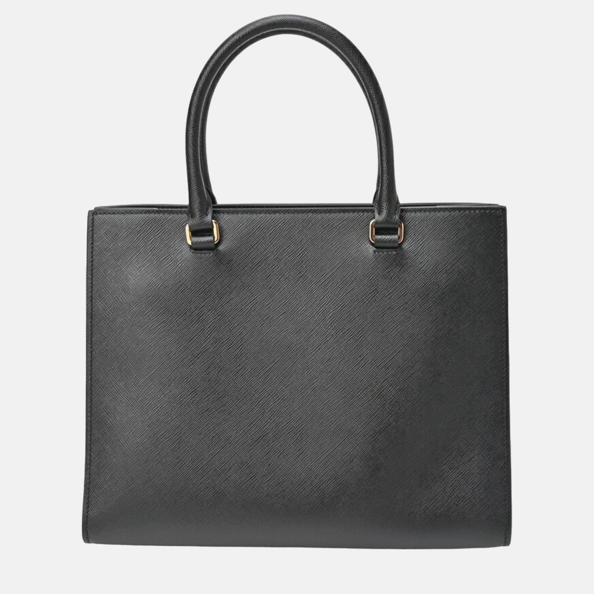 Prada Black Saffiano Leather Medium Lux Embossed Logo Tote Bag