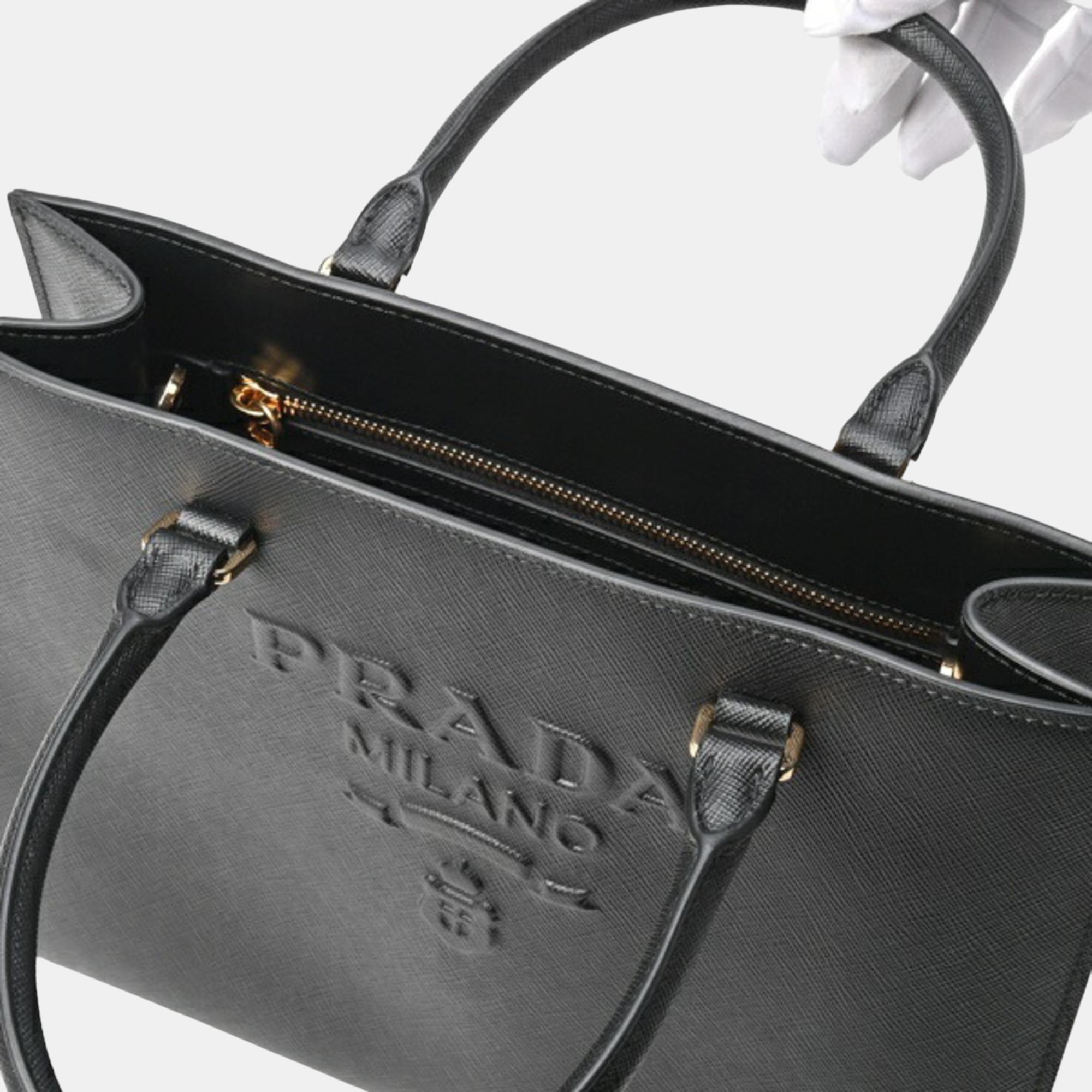 Prada Black Saffiano Leather Medium Lux Embossed Logo Tote Bag